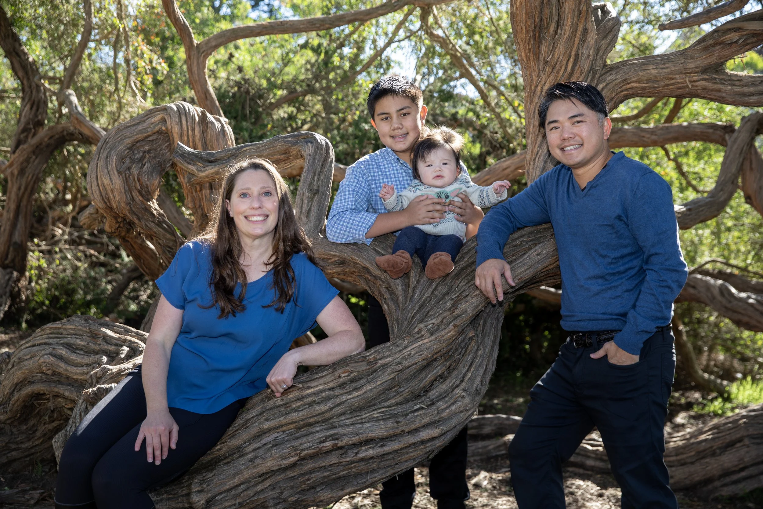 A family of four posing on a large, twisted tree branch outdoors. The woman with long brown hair is leaning on the branch wearing a blue top, the man with short black hair is standing next to her in a blue long-sleeve shirt, the older boy is sitting 