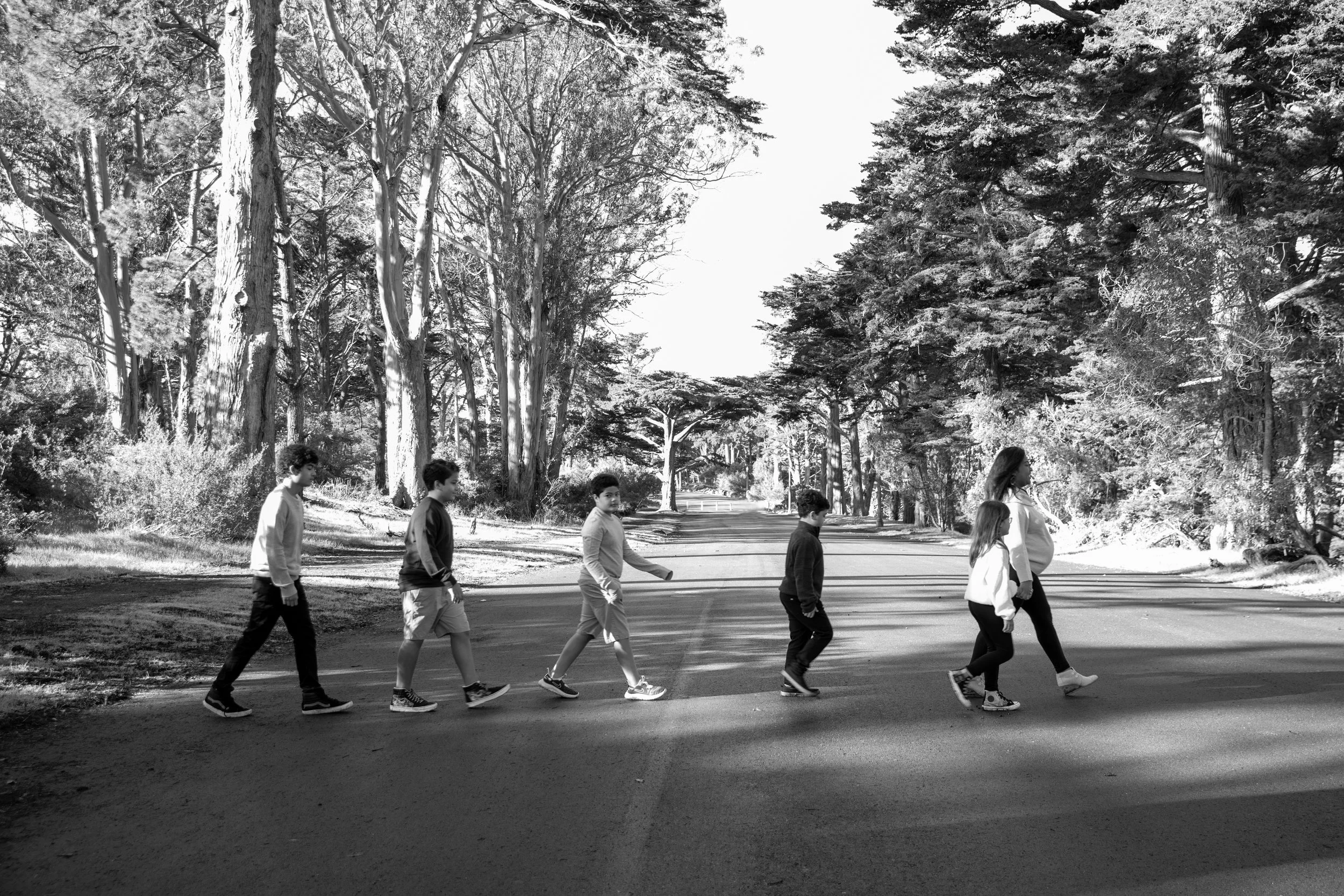 A black and white photo of a woman and six children walking across a paved path in a park surrounded by tall trees.