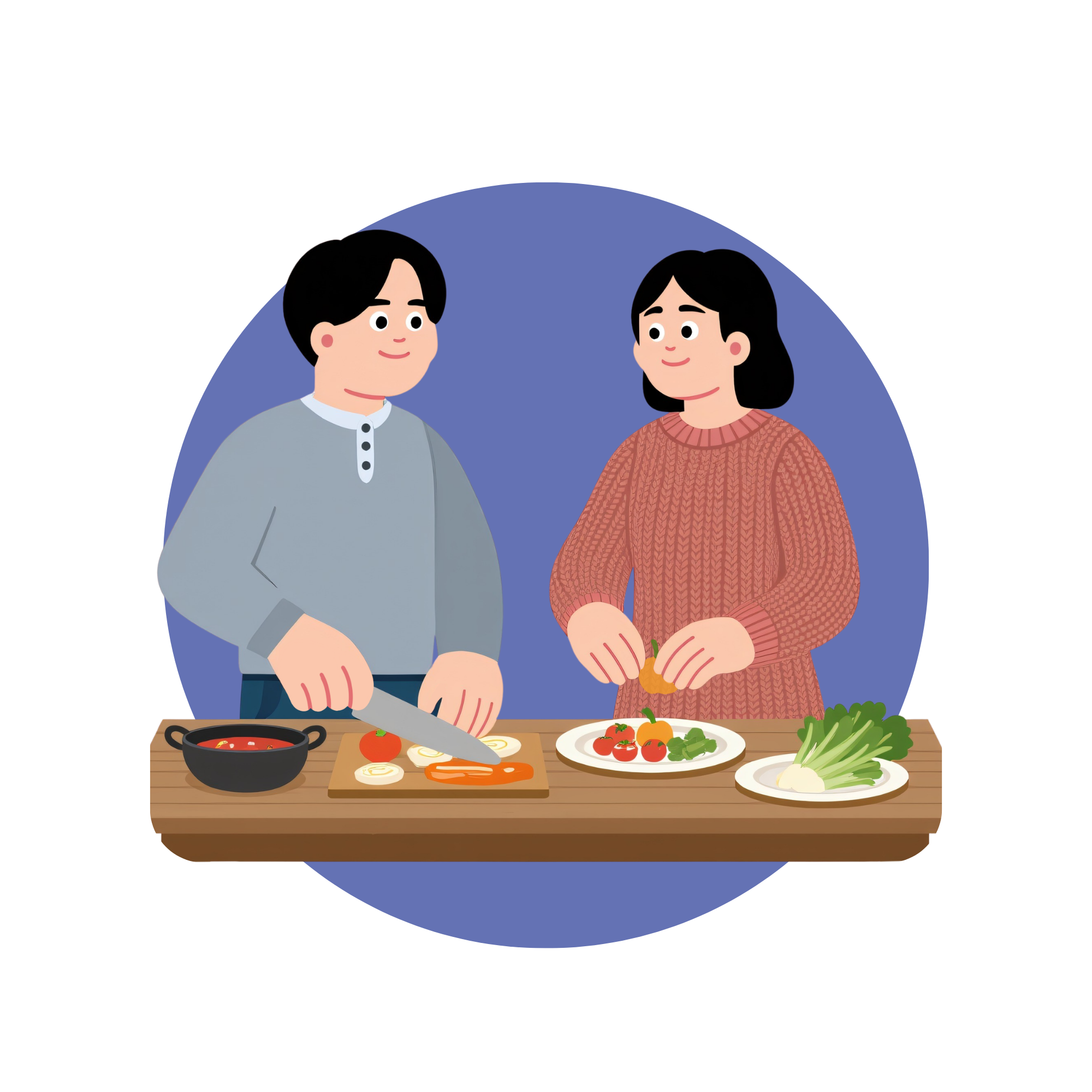 Una pareja cocinando en la cocina, preparando ensalada con tomate, cebolla, y otros ingredientes, sobre una mesa de madera.