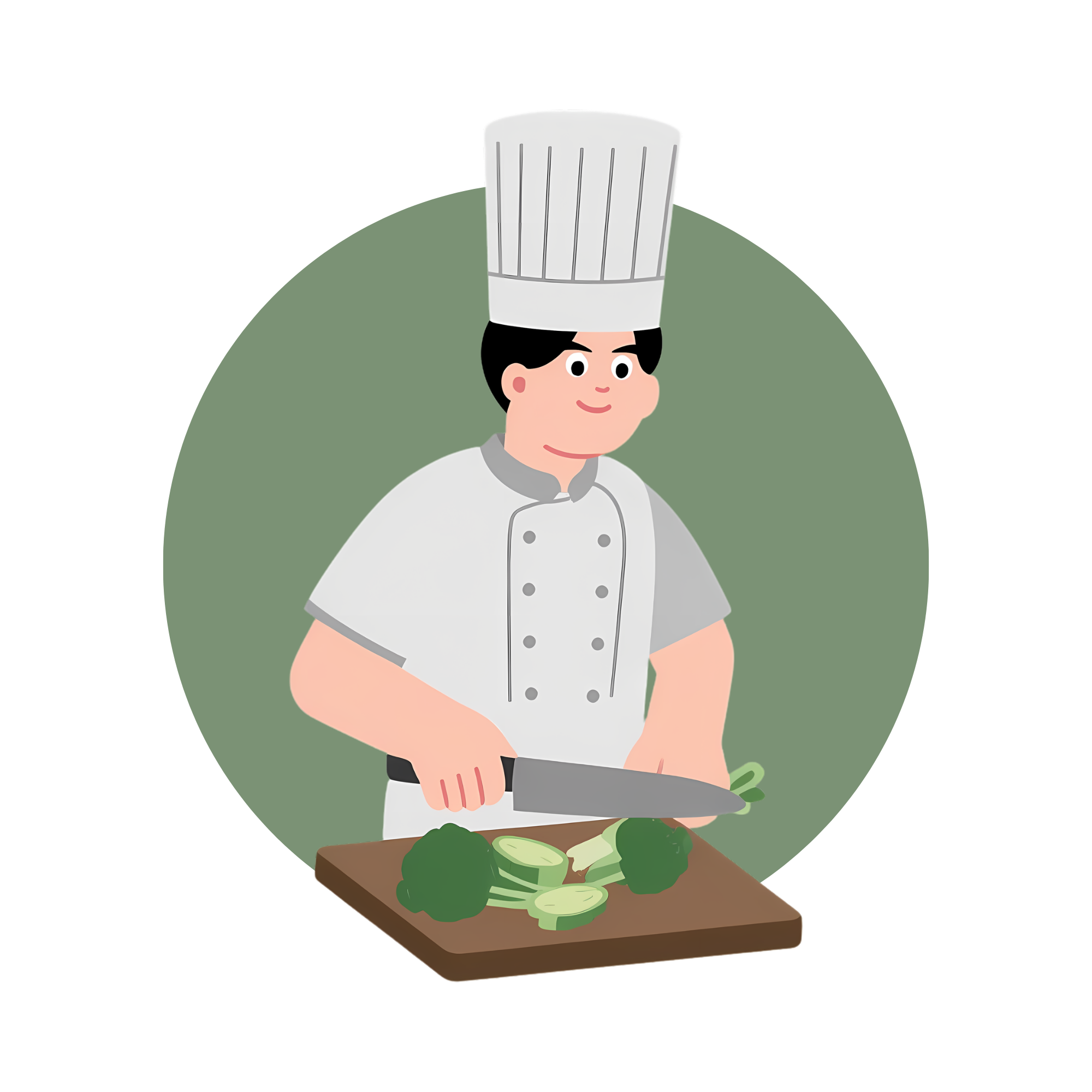 Chef con gorro alto y uniforme de cocinero cortando vegetales en una tabla de madera