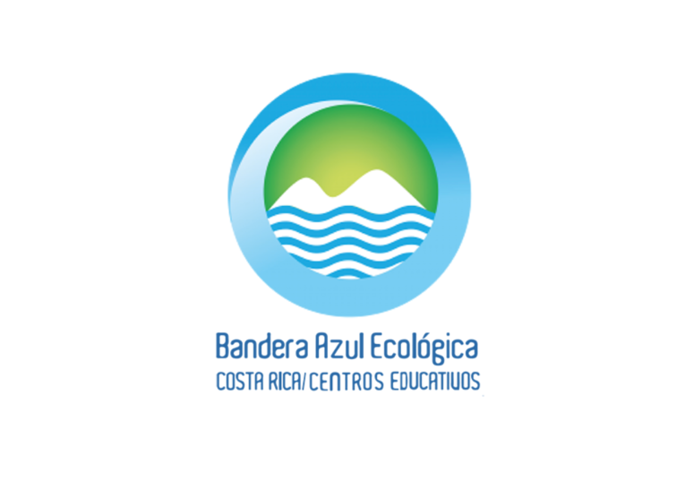 Logotipo de la Bandera Azul Ecológica de Costa Rica para centros educativos con un escudo que muestra montañas, agua y un cielo verde y azul.