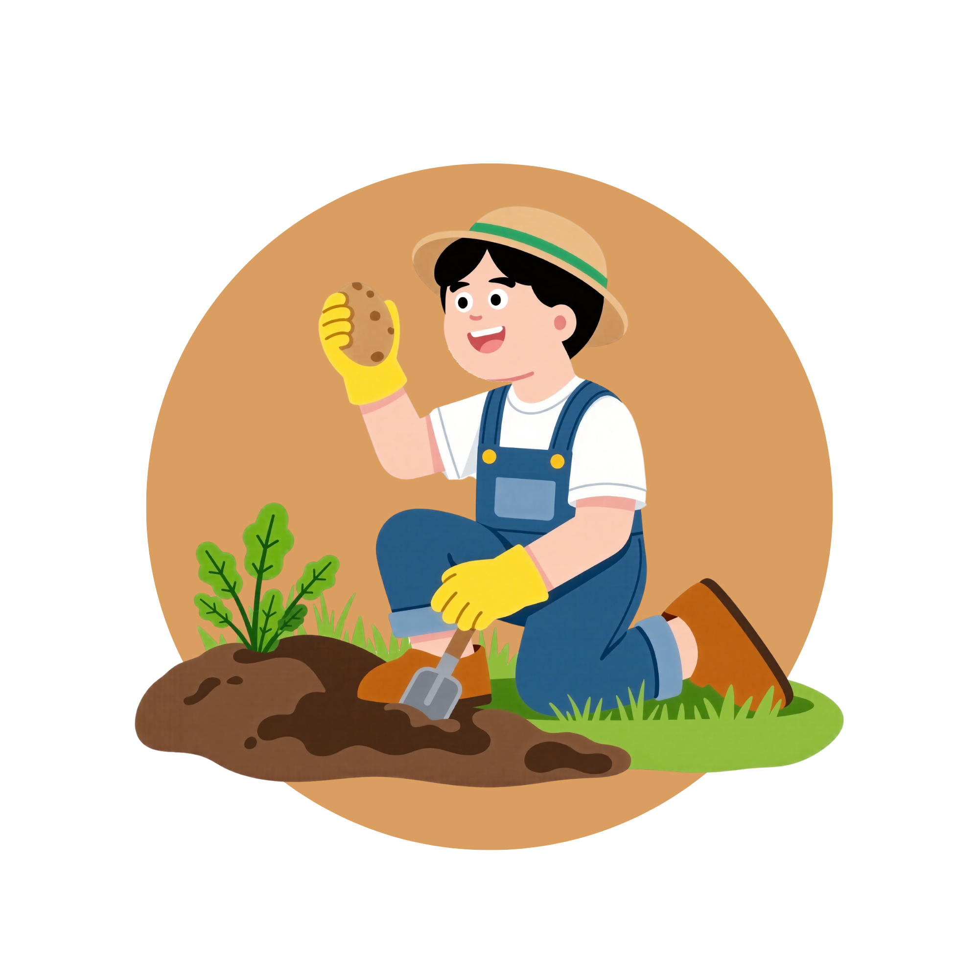 Dibujo de un niño joven con sombrero y guantes amarillos, usando una pala para cavar en la tierra, rodeado de vegetación en un entorno de jardín o huerto