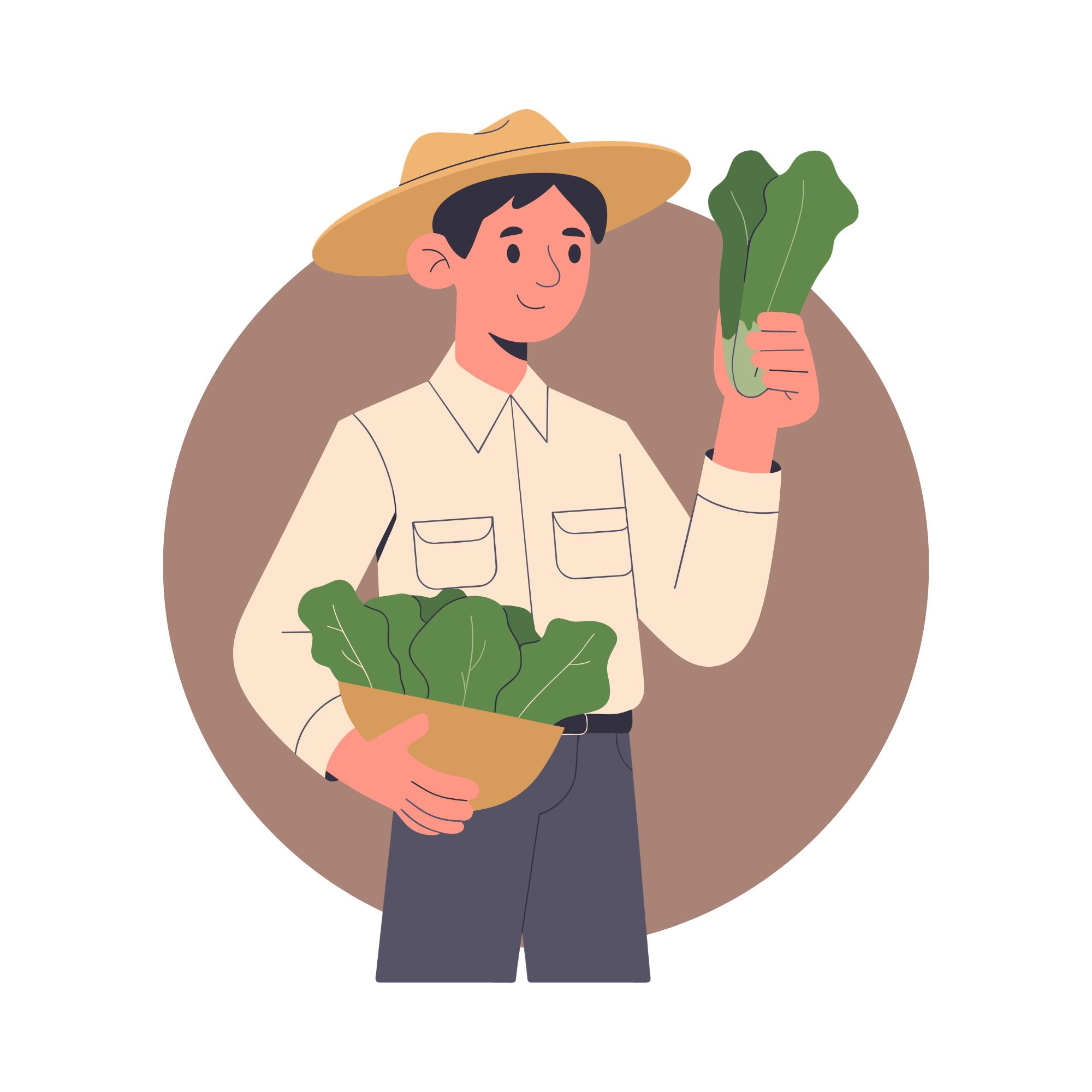 Dibujo de una persona con sombrero, sosteniendo una maceta con plantas verdes y una mano que parece estar sacando una hoja, en un estilo animado.