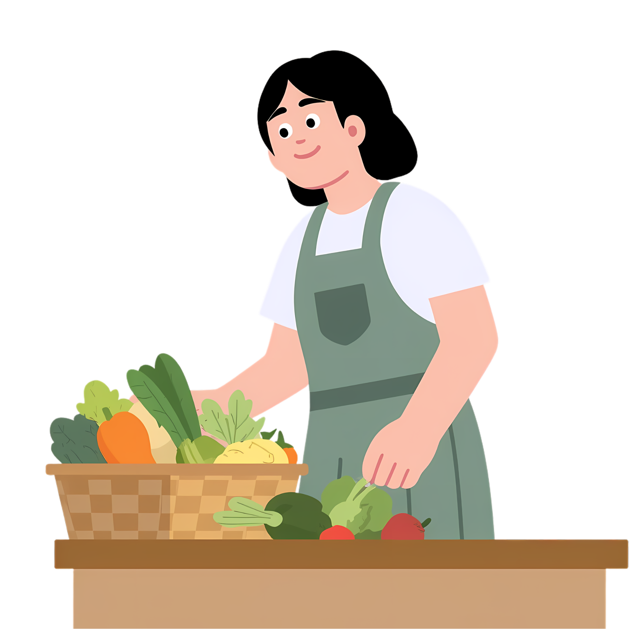 Ilustración de una mujer con delantal recogiendo verduras frescas en una caja de madera.