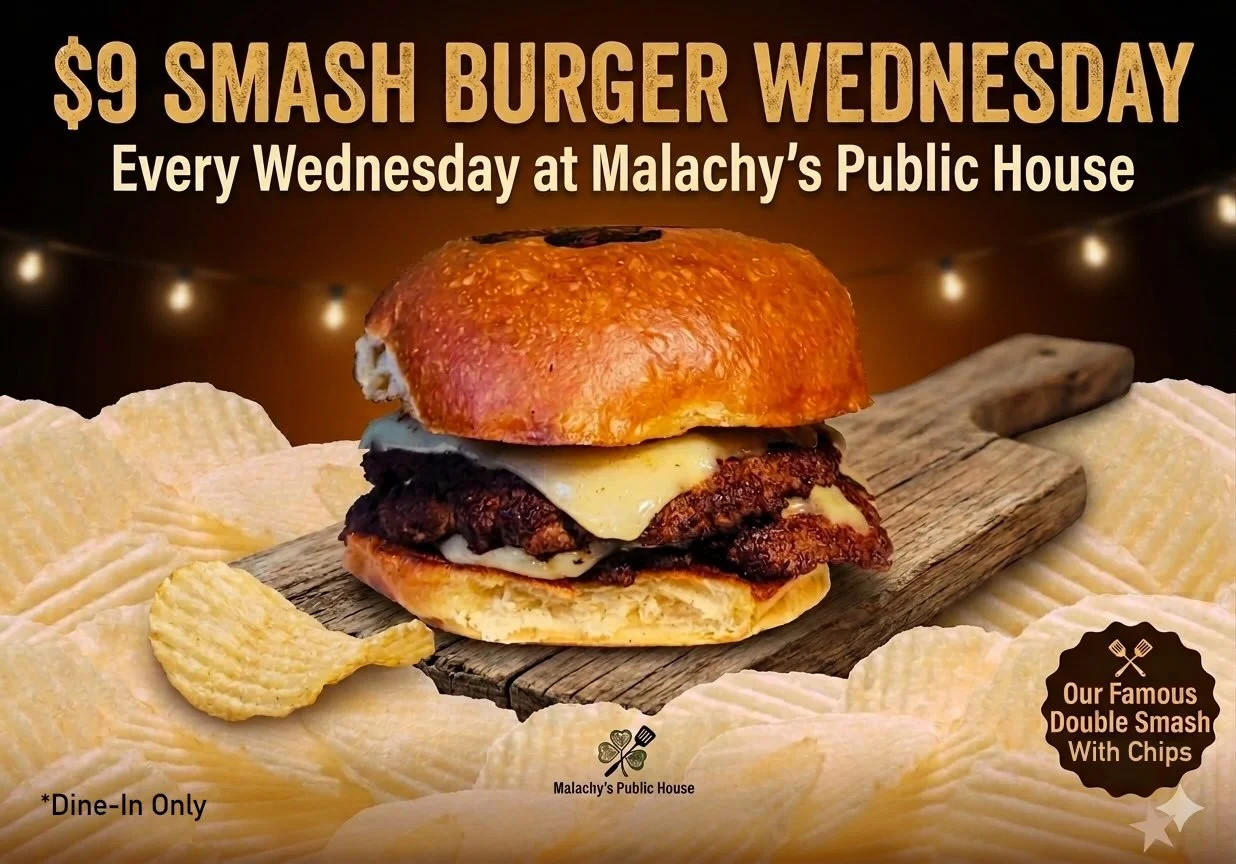 Every Wednesday, $9 Smash Burger served with Wavy Potato Chips!