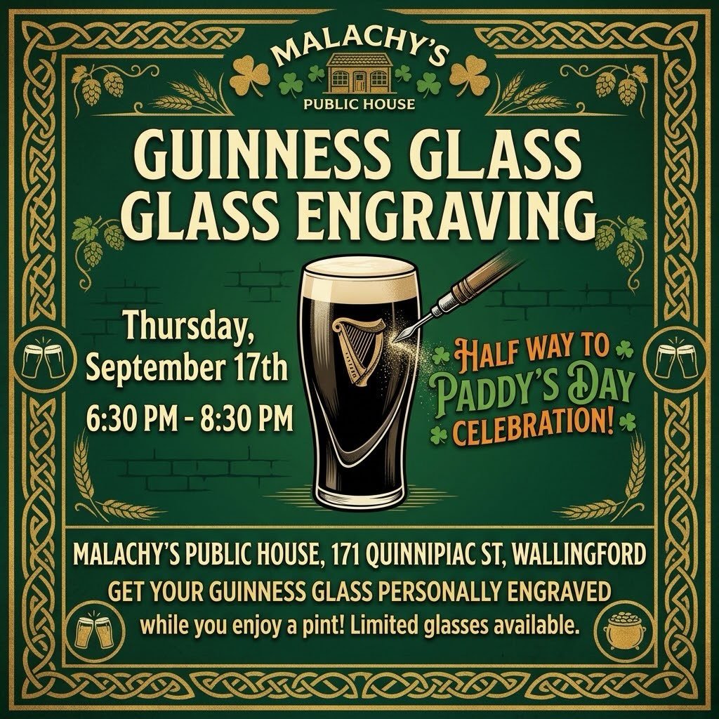 Get your own Guinness glass engraved! This Thursday 6:30-8:30 for the Halfway To Paddy&rsquo;s Day party! We&rsquo;ll have Bagpipes, Live Music, and giveaways all night! ☘️🇮🇪🍻☘️