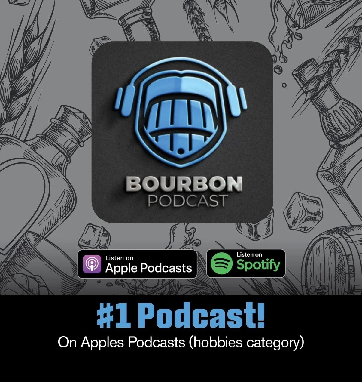 Promotional graphic celebrating Bourbon Podcast reaching #1 in Apple Podcasts’ Hobbies category and expanding its national audience.