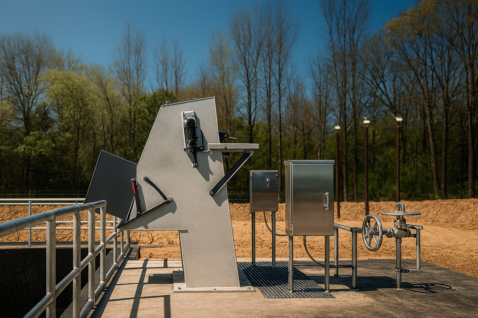 Water testing equipment outdoors next to a pipeline with trees and a blue sky in the background.