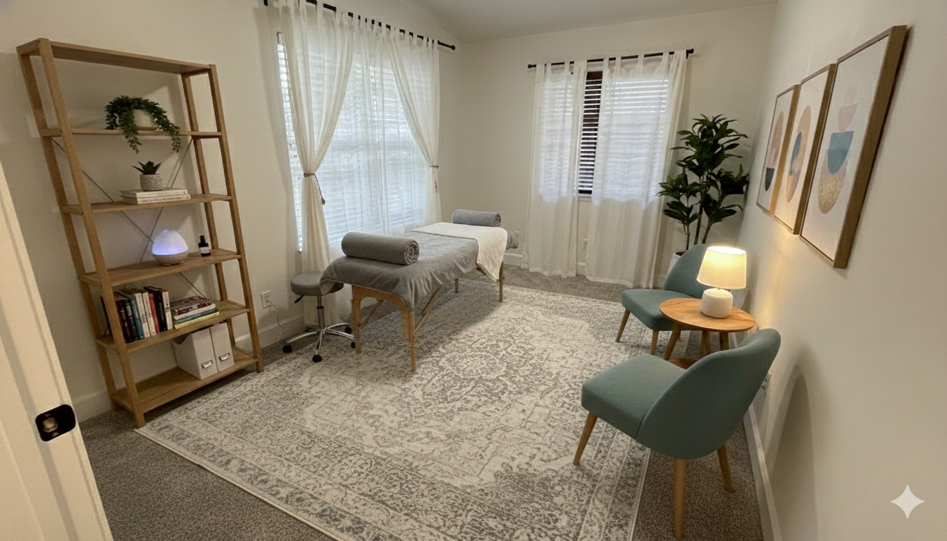 A cozy, well-lit room with a massage table, shelves with books and decor, two side tables with chairs, a lamp, framed artwork, and large windows with curtains.