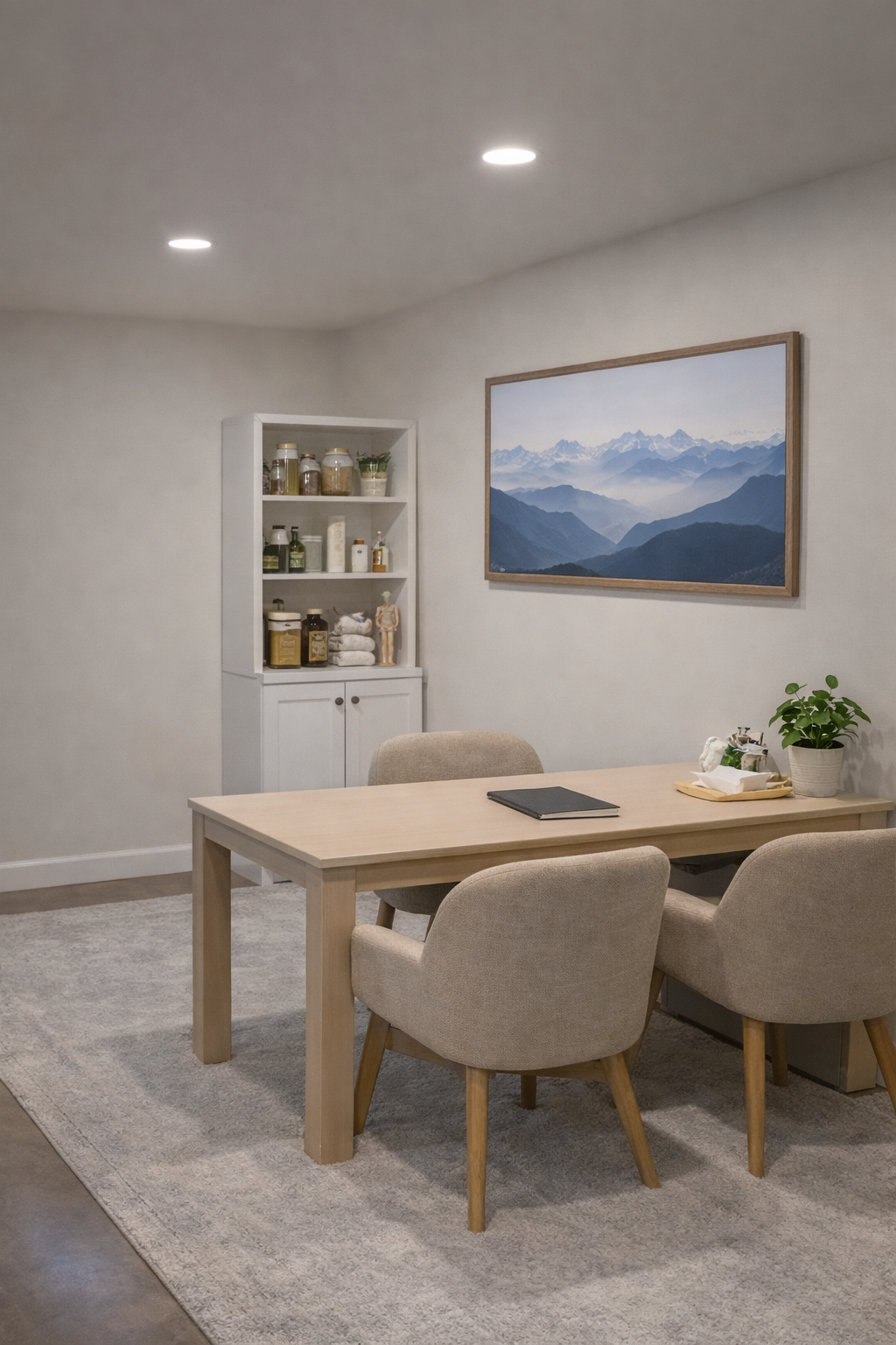 An area with a light wooden table surrounded by three beige upholstered chairs. On the table are a closed black notebook and a small tray with tissue and decorative items. Behind the table, a white cabinet with open shelves holding jars, bottles, and a small potted plant. A large framed picture of mountain peaks in shades of blue hangs on the wall, and a potted plant is on the table to the right.