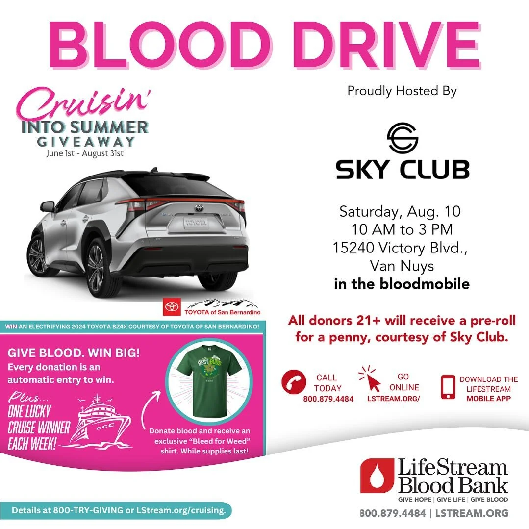 This Saturday, August 10th from 10 Am to 3 PM @lifestreambloodbank will be on site accepting Blood Donations. All are welcome to come and contribute to this great cause and in return get a Preroll for a Penny. 

Life Stream will be hosting their own 