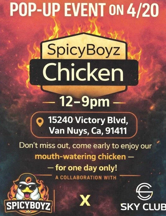 Pop-up alert 🍗🔥 SpicyBoyz x Sky Club &mdash; one day only. Mouth-watering chicken, 12&ndash;9pm at 15240 Victory Blvd, Van Nuys. Come early, eat loud.

#SpicyBoyz #Chicken #SkyClub #VanNuys #LosAngeles #Collab #Foodie #PopUp #Celebrations #Festivit