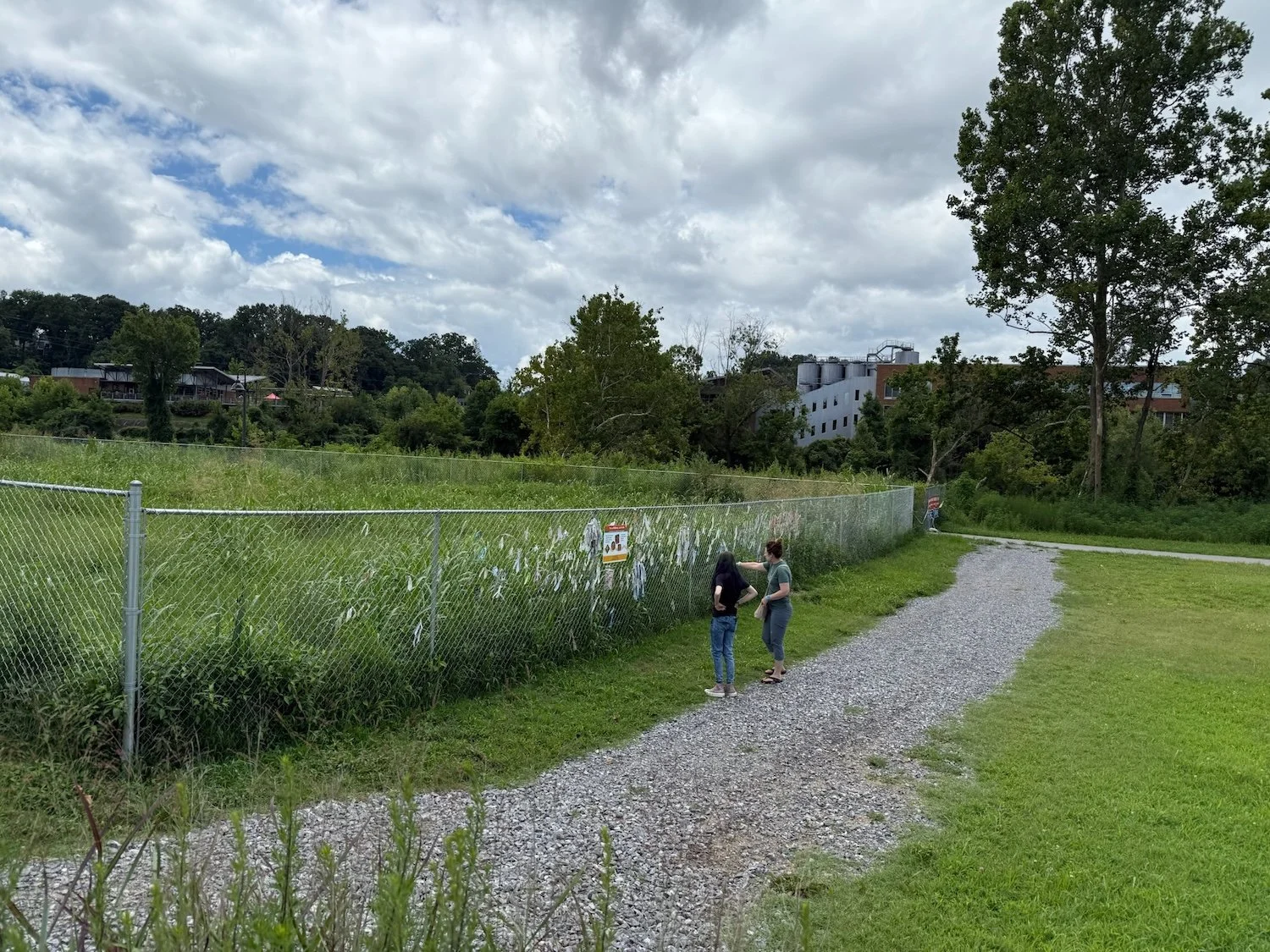 Artist speaking with a visitor at The Ties That Bind Asheville installation along a fence in Asheville, North Carolina.
