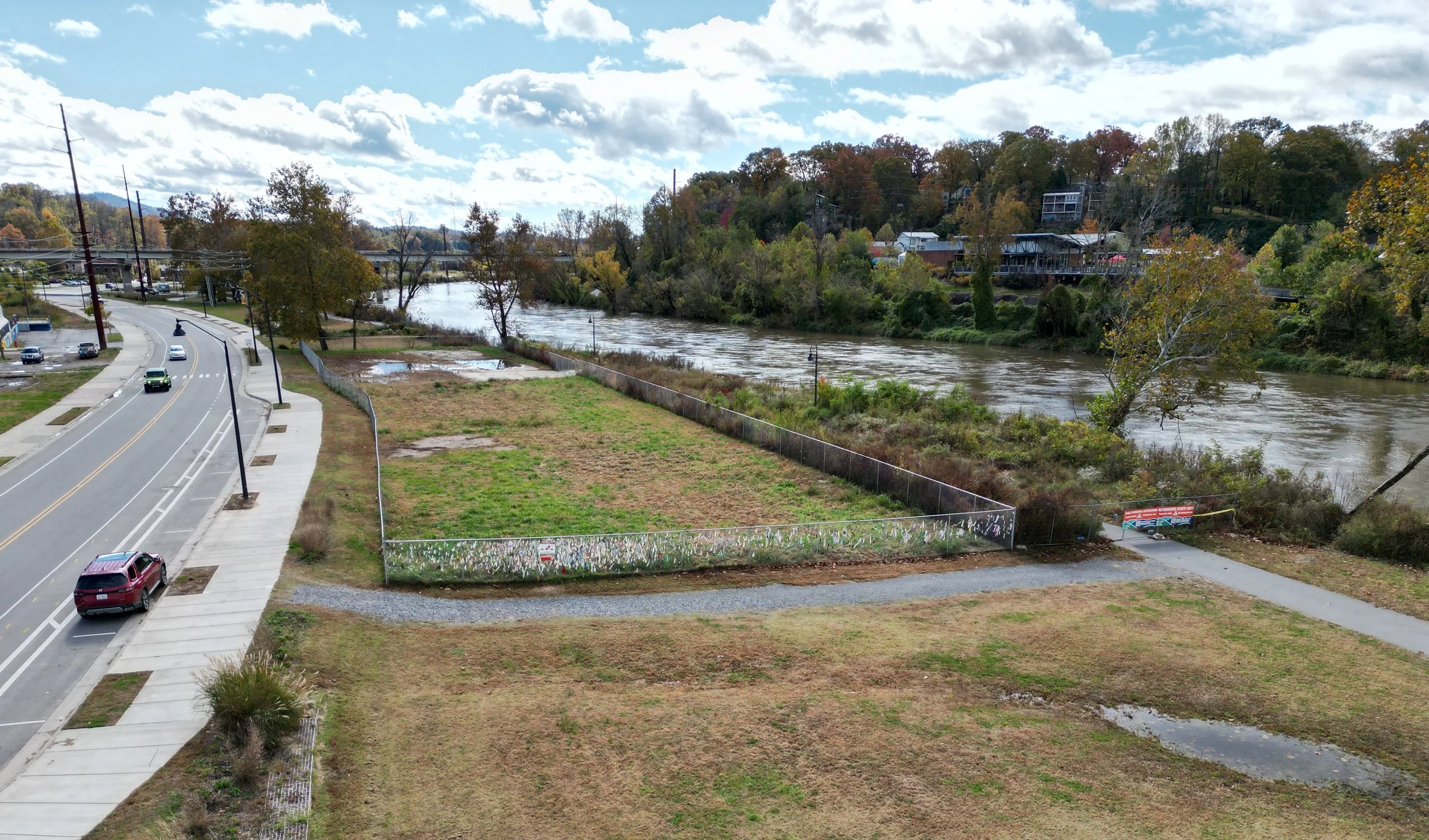 Aerial view of the installation set between Riverside Drive and the French Broad River.