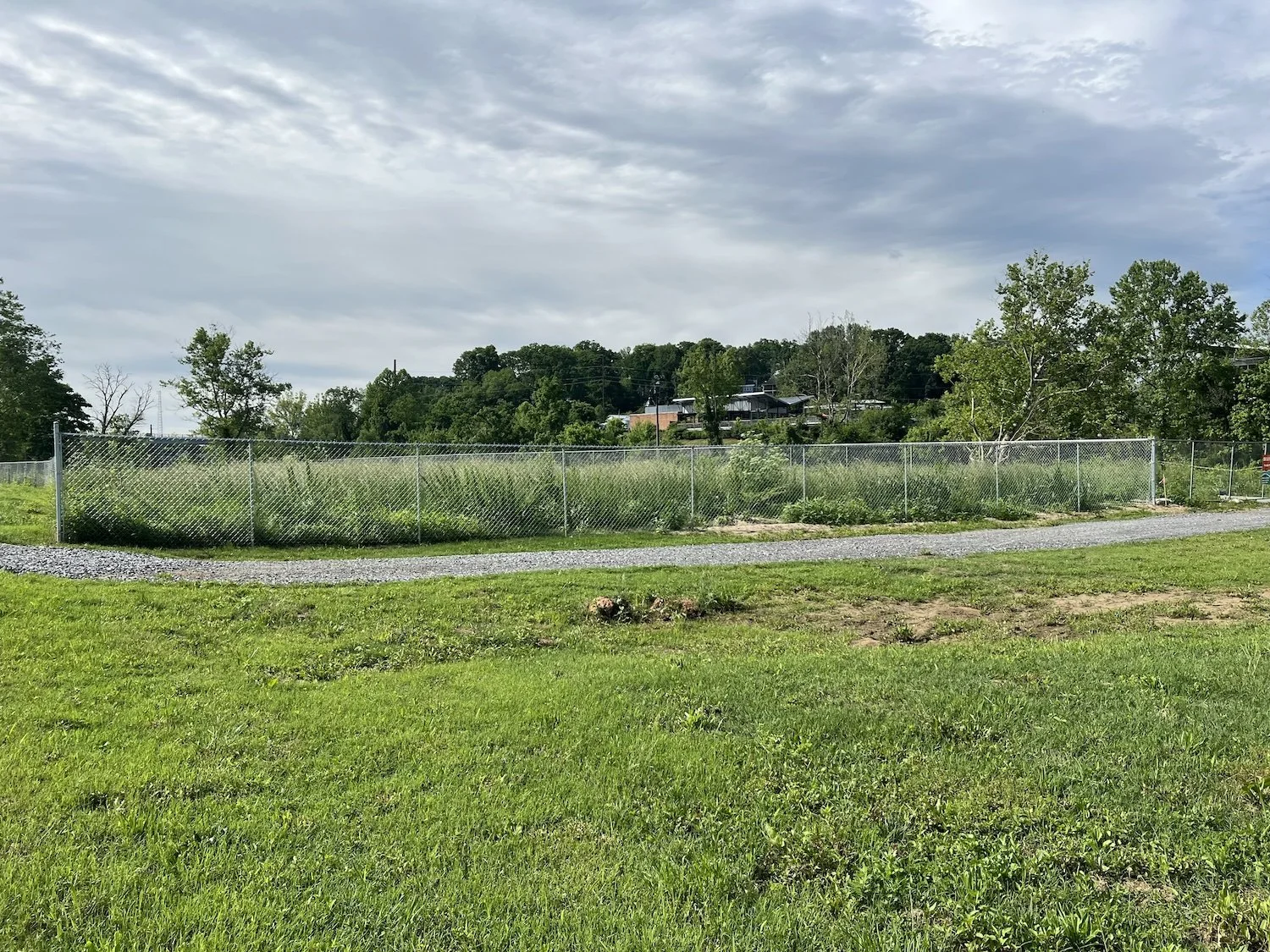Empty chain-link fence at 172 Riverside Drive prior to The Ties That Bind Asheville installation in Asheville, North Carolina.