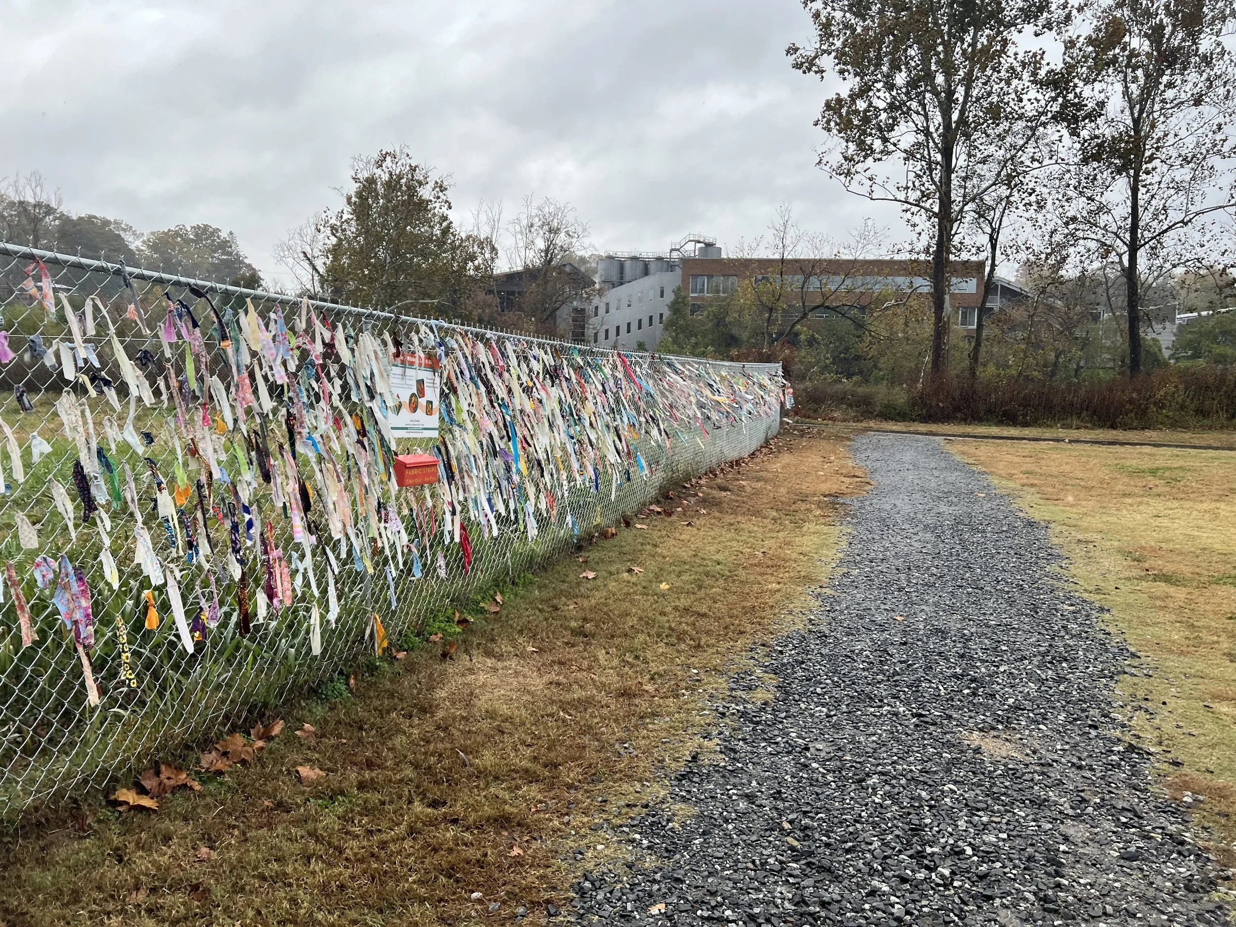 Fabric strips move in autumn wind as colors shift in the landscape.