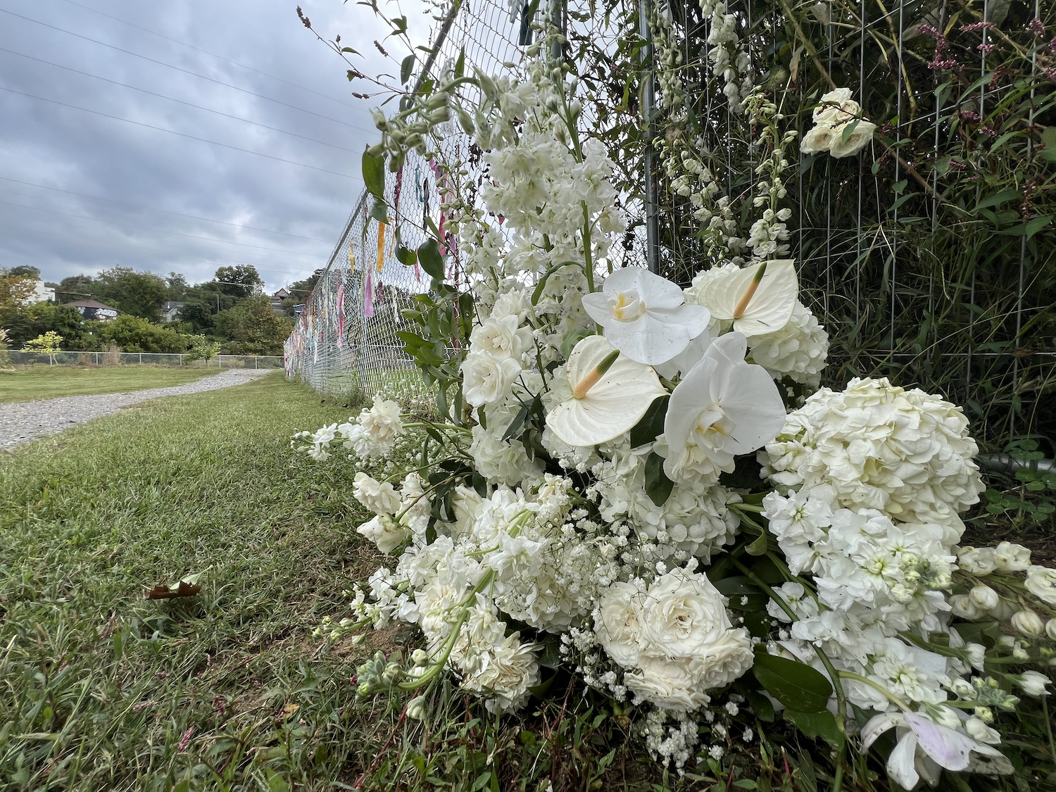 Floral tribute placed beside fence near one-year anniversary of Tropical Storm Helene.