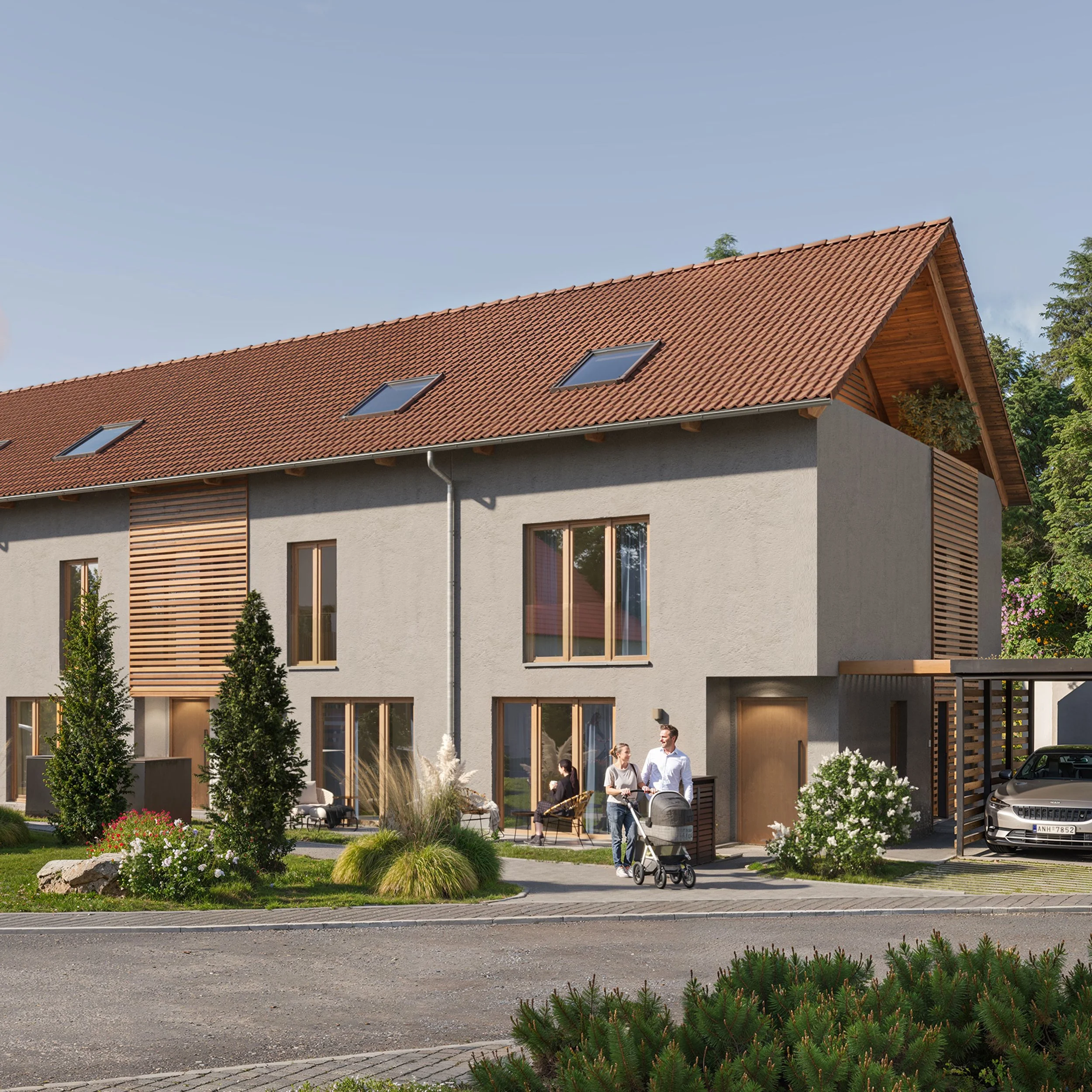 Ansicht Straße Neubau Reihenhaus 