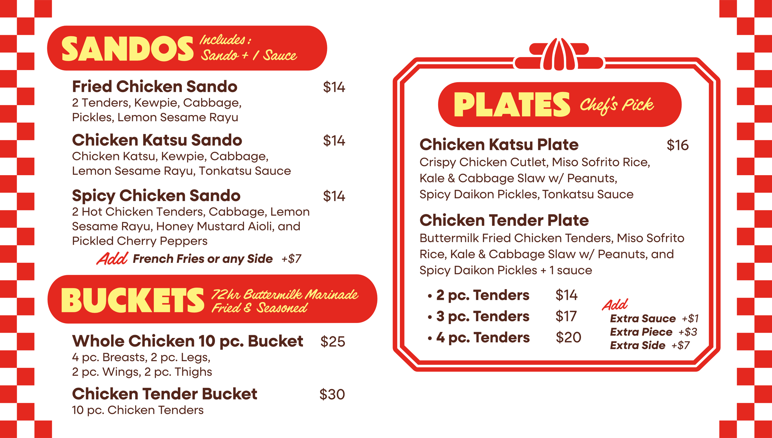 Hopscotch food menu with sandos, plates, and buckets of chicken