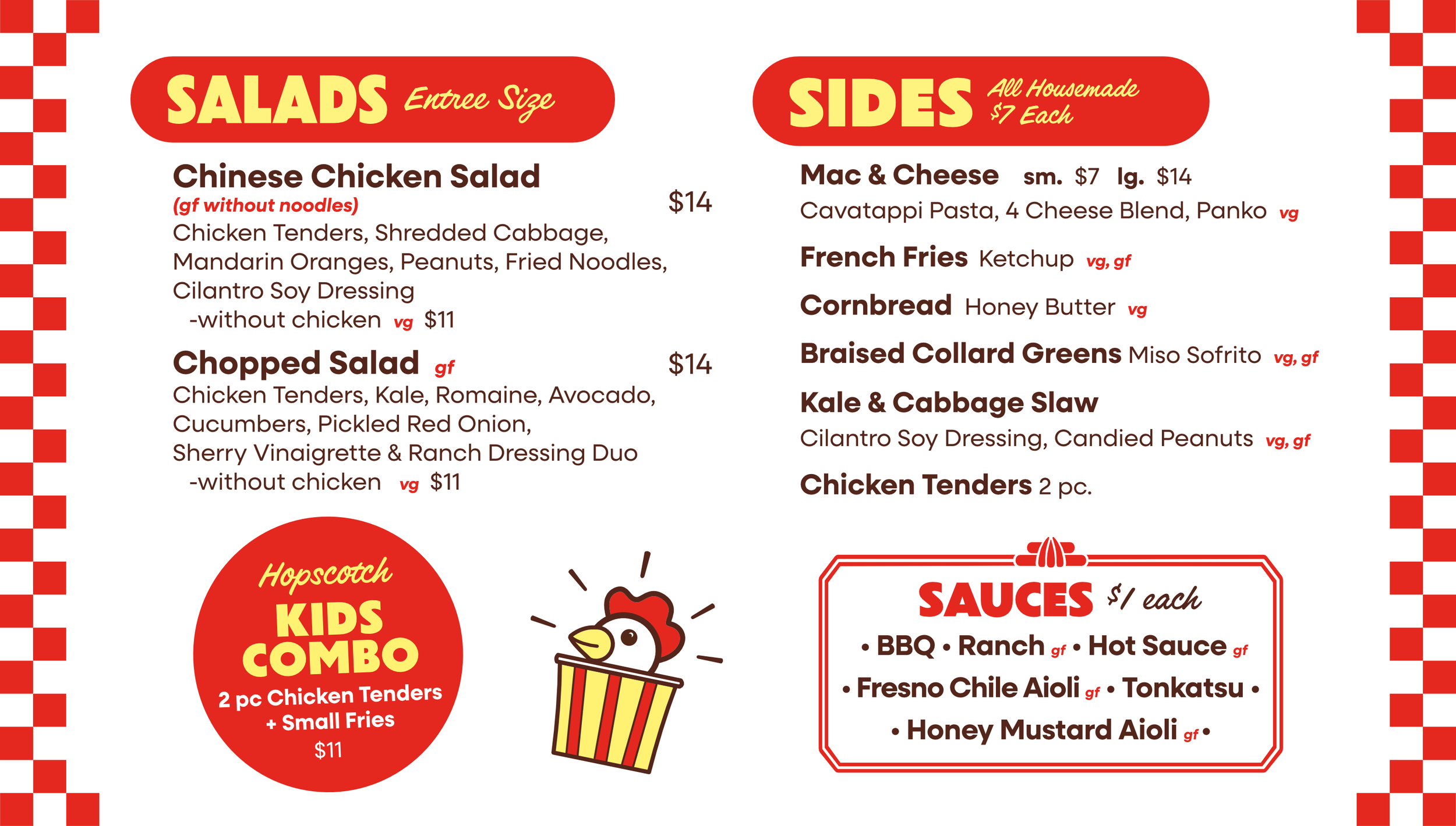 Hopscotch menu with salads, sides, kids combo, and sauces. Menu also includes a chicken icon.