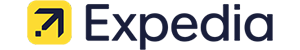 Expedia logo with a yellow arrow icon and navy blue text