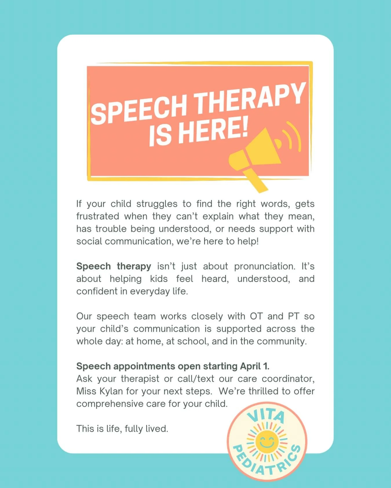 ✨ You&rsquo;ve been asking&hellip; and it&rsquo;s happening!
Speech officially launches at VITA on April 1 and we&rsquo;re currently booking evaluations. Please text or call us to get started. ☀️ EEK! We&rsquo;re thrilled to offer speech to our VITA 