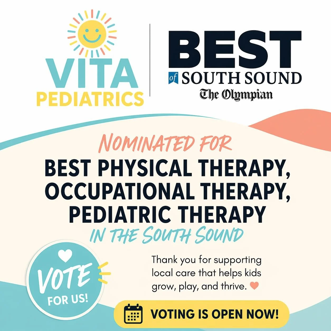An honor is an understatement. It is the greatest privilege to serve your families. Thank you for trusting us with your child&rsquo;s healthcare. 💕🙏 And guess what&hellip; VITA has been nominated for 3 categories for Best of South Sound! 🥳🥳

Voti