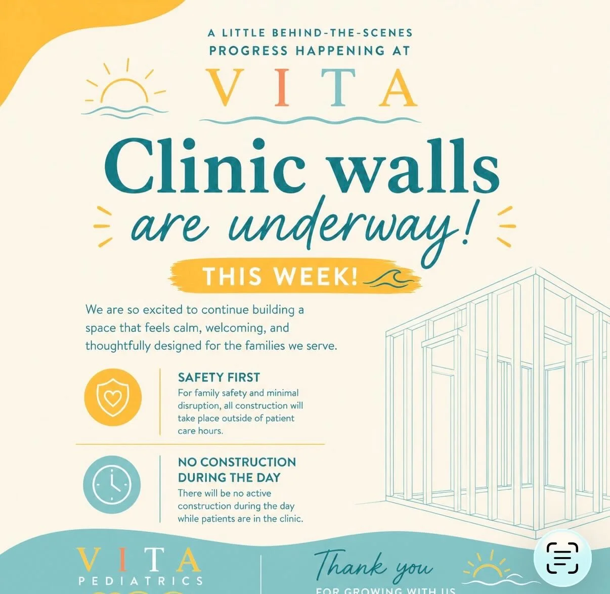 IYKYK!! 💕🤩 We are SO excited! Get ready for more private treatment rooms, sensory nooks, and a few more VITA surprises !☀️😘