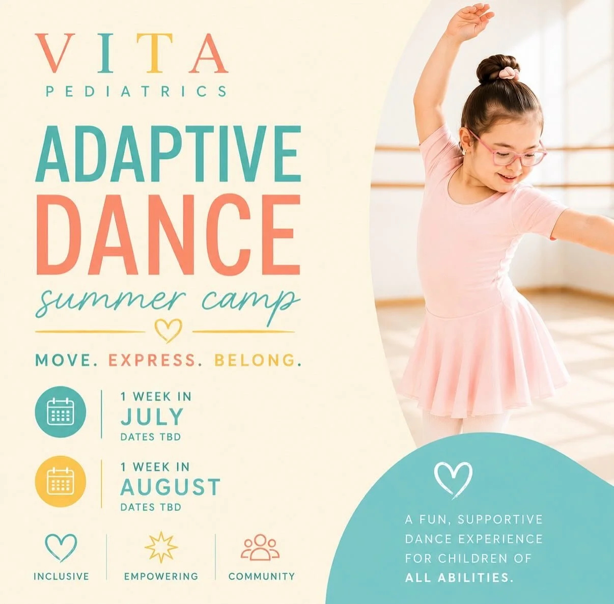 Mark your calendars! ☀️☀️☀️

VITA&rsquo;s very first Adaptive Dance Summer Camp is coming this summer and we couldn&rsquo;t be more excited!🫶

Led by Miss Hailey, who brings an extensive dance background and a passion for helping children grow throu