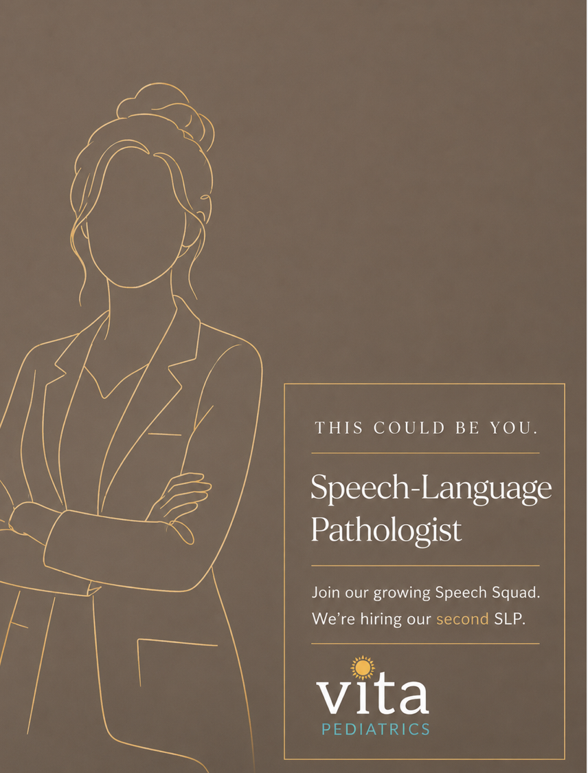 Advertisement for Vita Pediatrics seeking a speech-language pathologist, featuring an outline drawing of a woman with arms crossed, wearing a blazer, against a brown background.