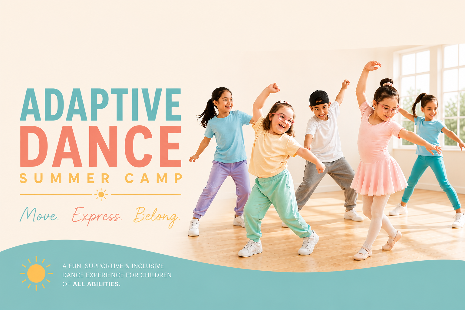 Children participating in a dance class during a summer camp in a bright room with large windows, with colorful text promoting the event and its inclusive, supportive environment.