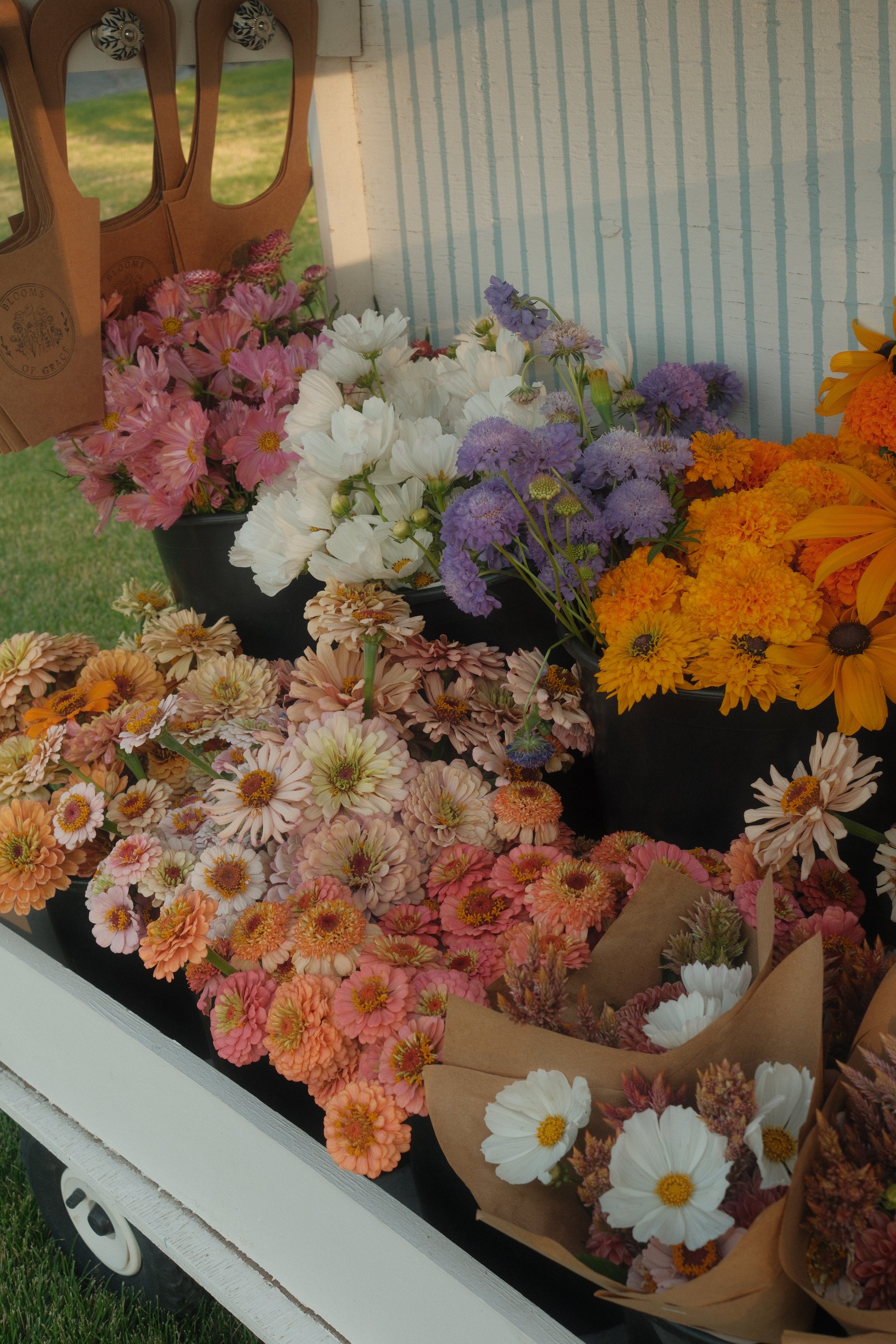 Various colorful flowers arranged in black containers on a white table at an outdoor setting.