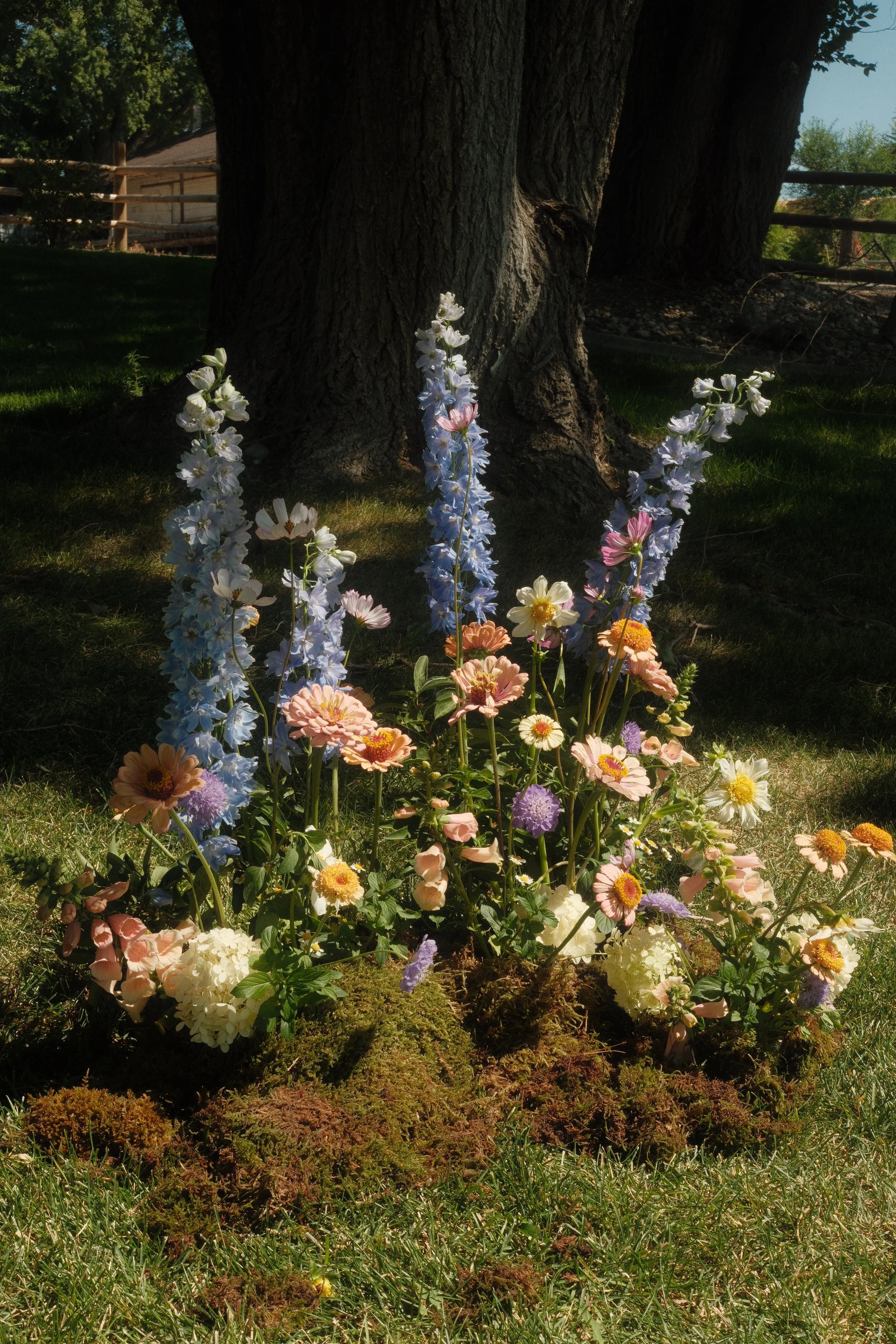 A flower bed with pastel-colored flowers, including light pink, white, yellow, purple, and blue, set at the base of a large tree trunk in a grassy yard, with a wooden fence and a house in the background.