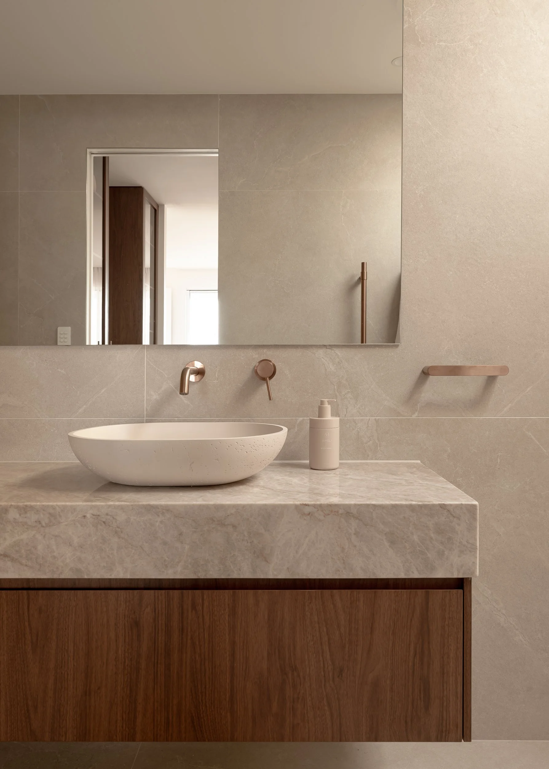 florentine walnut vanity, abi fixtures and natural stone- morgan leigh photography