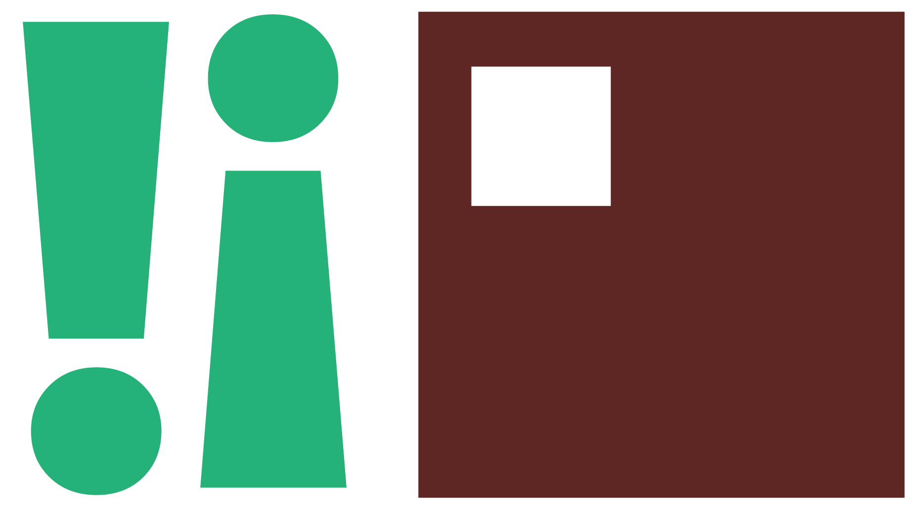Two decorative geometric elements: green right side up and upside down exclamation points, and a brown square with a square cut out in its top left corner.