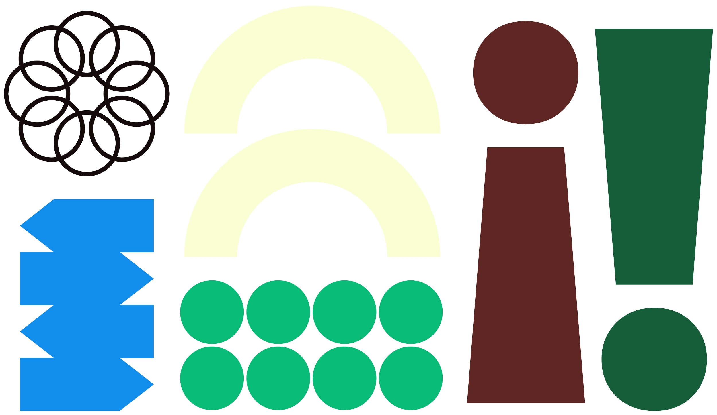 A collection of abstract geometric shapes, including circles, arches, spirals, and exclamation points in black, yellow, blue, green, and brick red.