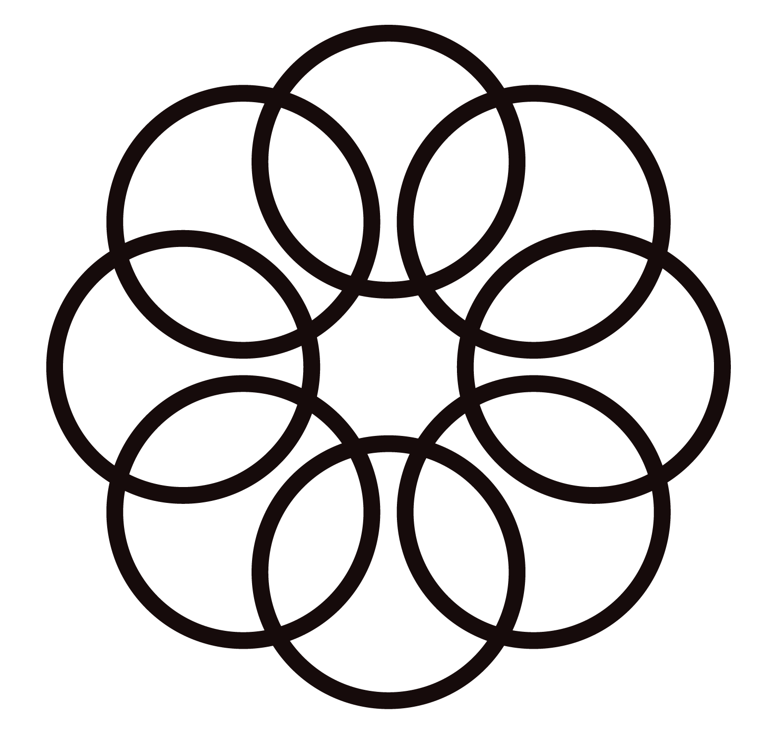 A geometric design of eight overlapping circles arranged in a symmetrical flower-like pattern, with each circle evenly spaced around a central point.