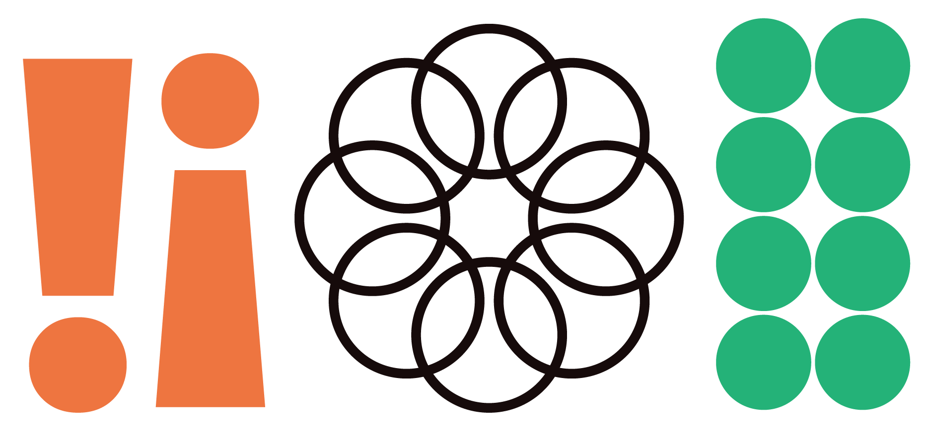 Three abstract shapes: left, orange exclamation mark and lowercase i; center, nine overlapping black circles in a flower-like pattern; right, six green solid circles arranged in two vertical columns.