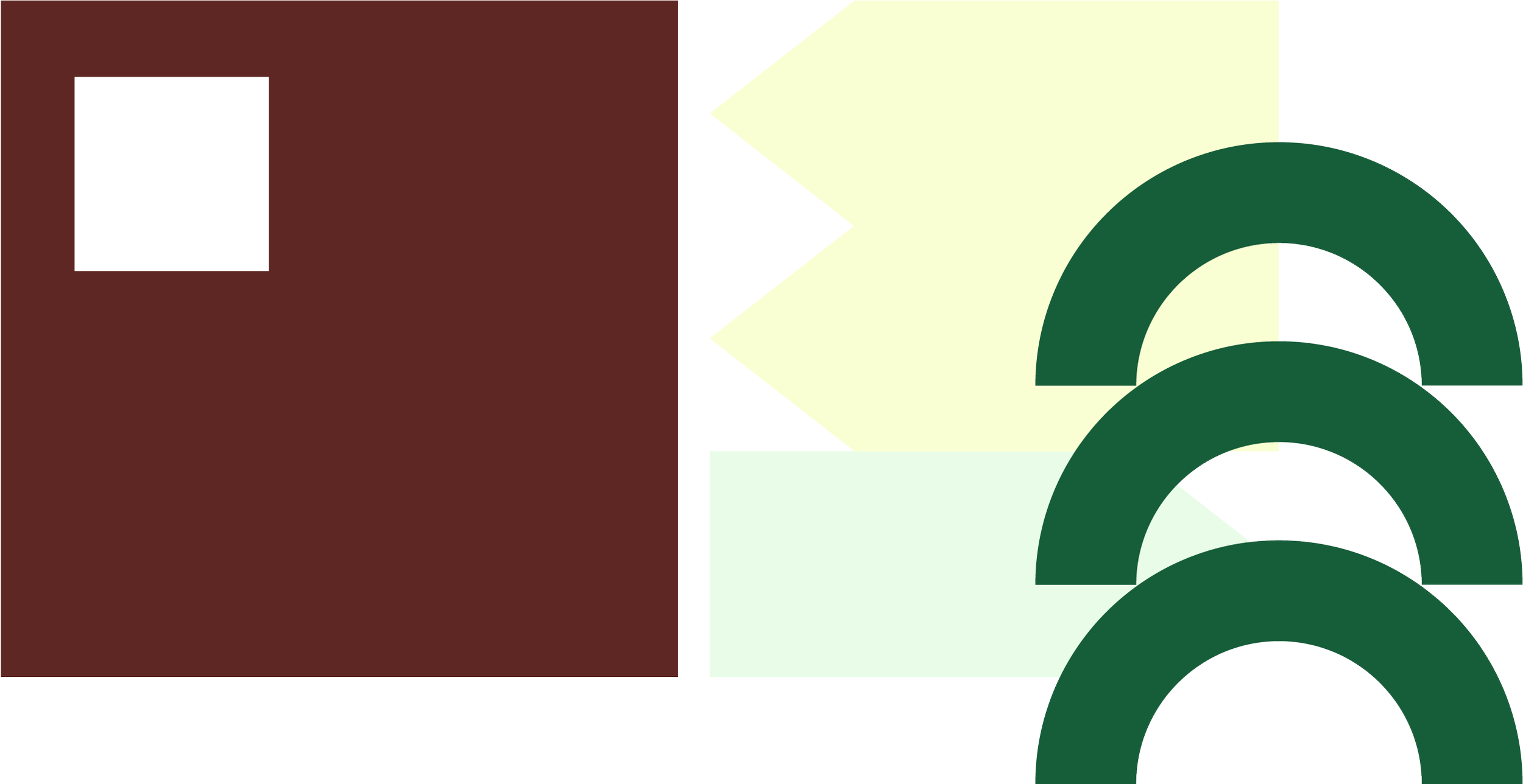 A series of geometric shapes: a brick red square resembling a building with a window, 2 light yellow chevron arrows stacked on a light green arrow, and 3 dark green stacked arches.