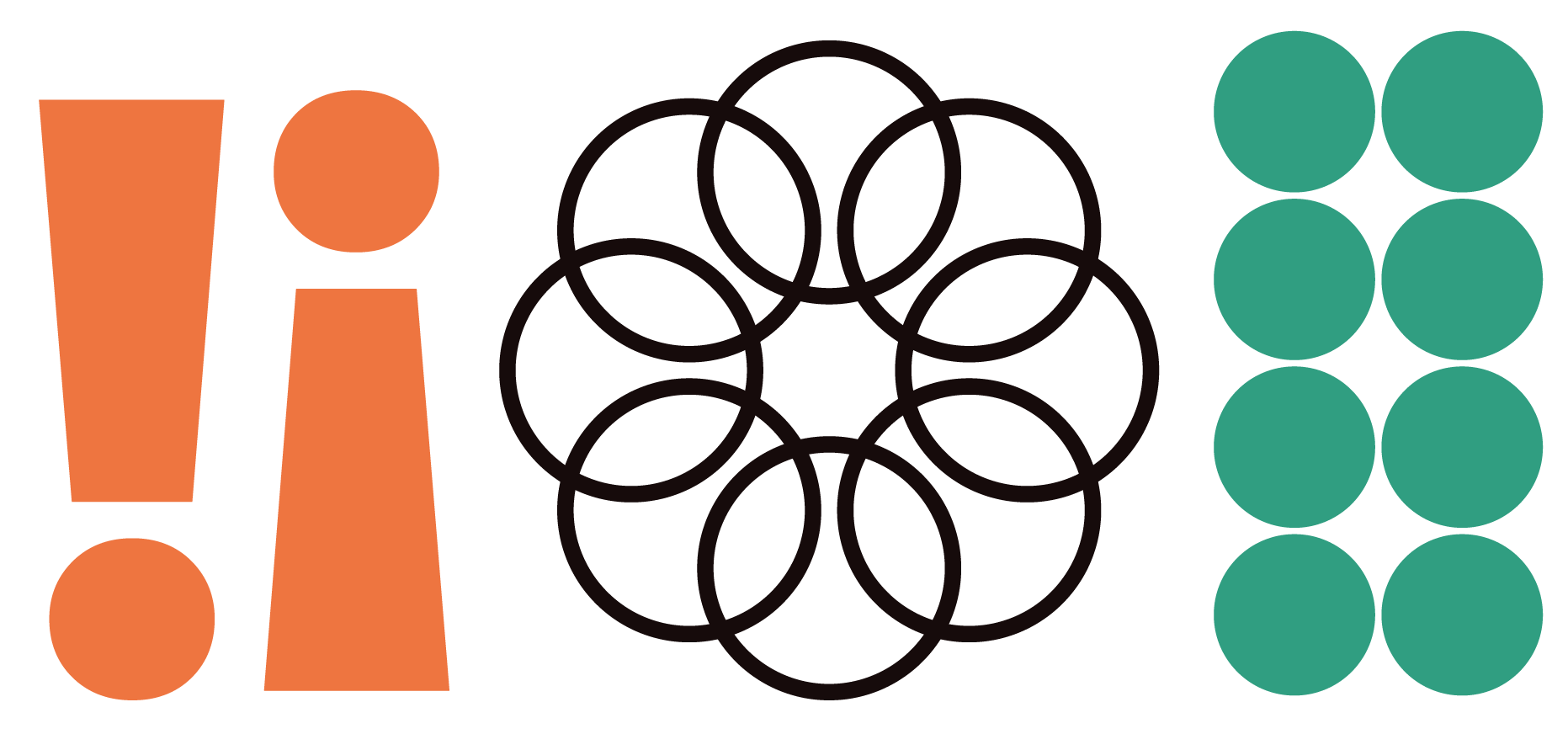 Three abstract shapes: left, orange exclamation mark and lowercase i; center, nine overlapping black circles in a flower-like pattern; right, six green solid circles arranged in two vertical columns.