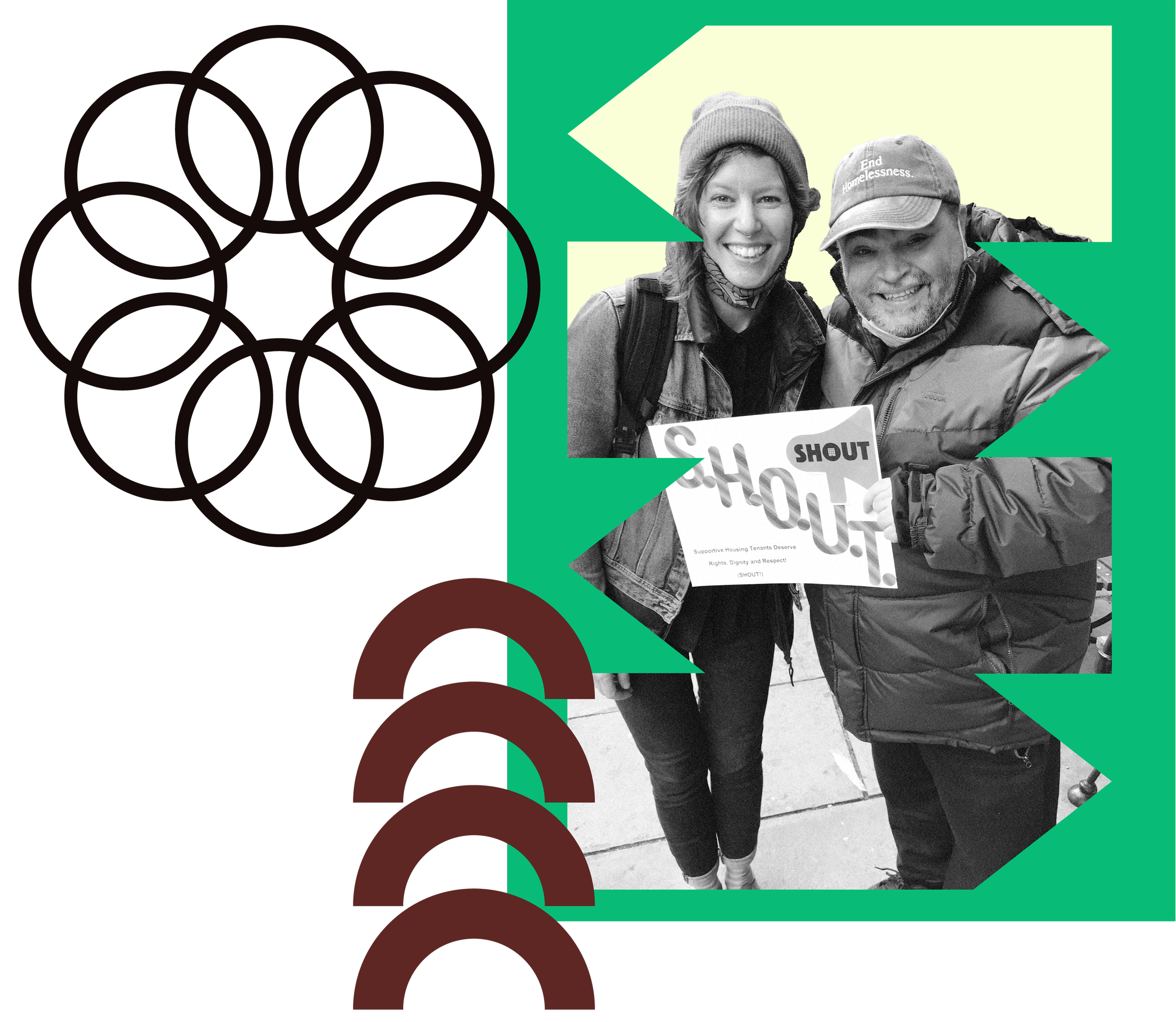 A black-and-white photo of two smiling people holding a 'SHOUT — Supportive Housing Tenants Deserve Rights, Dignity, and Respect' sign at a rally, framed by bold green geometric shapes and dark red arch icons.
