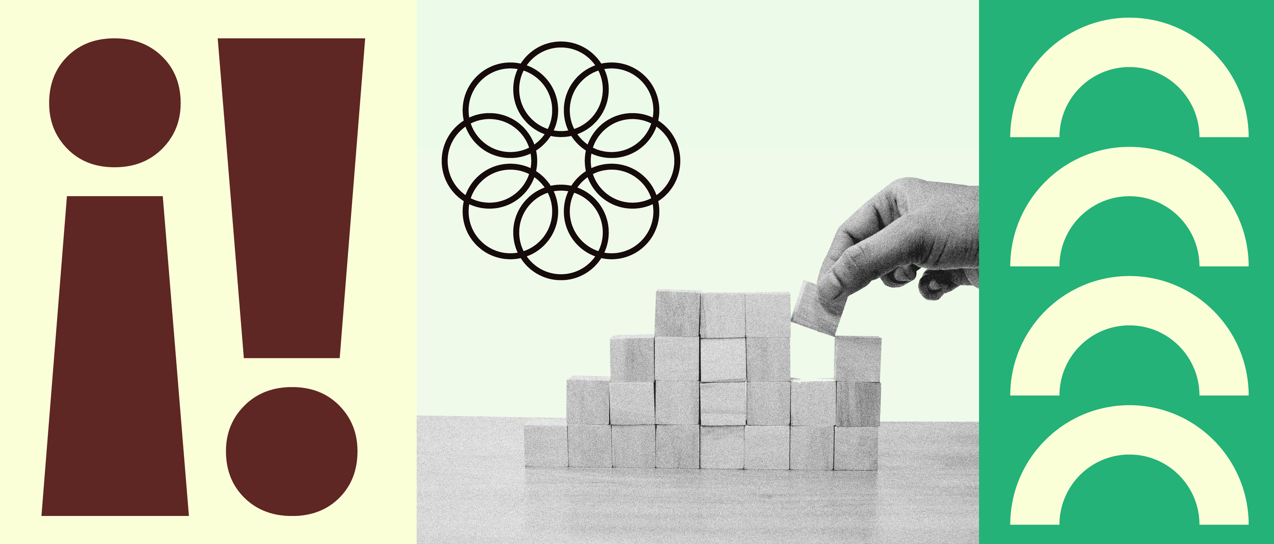 A black-and-white photo of a hand stacking wooden blocks into a pyramid, flanked by bold dark red graphic icons on a cream background and repeating cream arch shapes on a green panel.