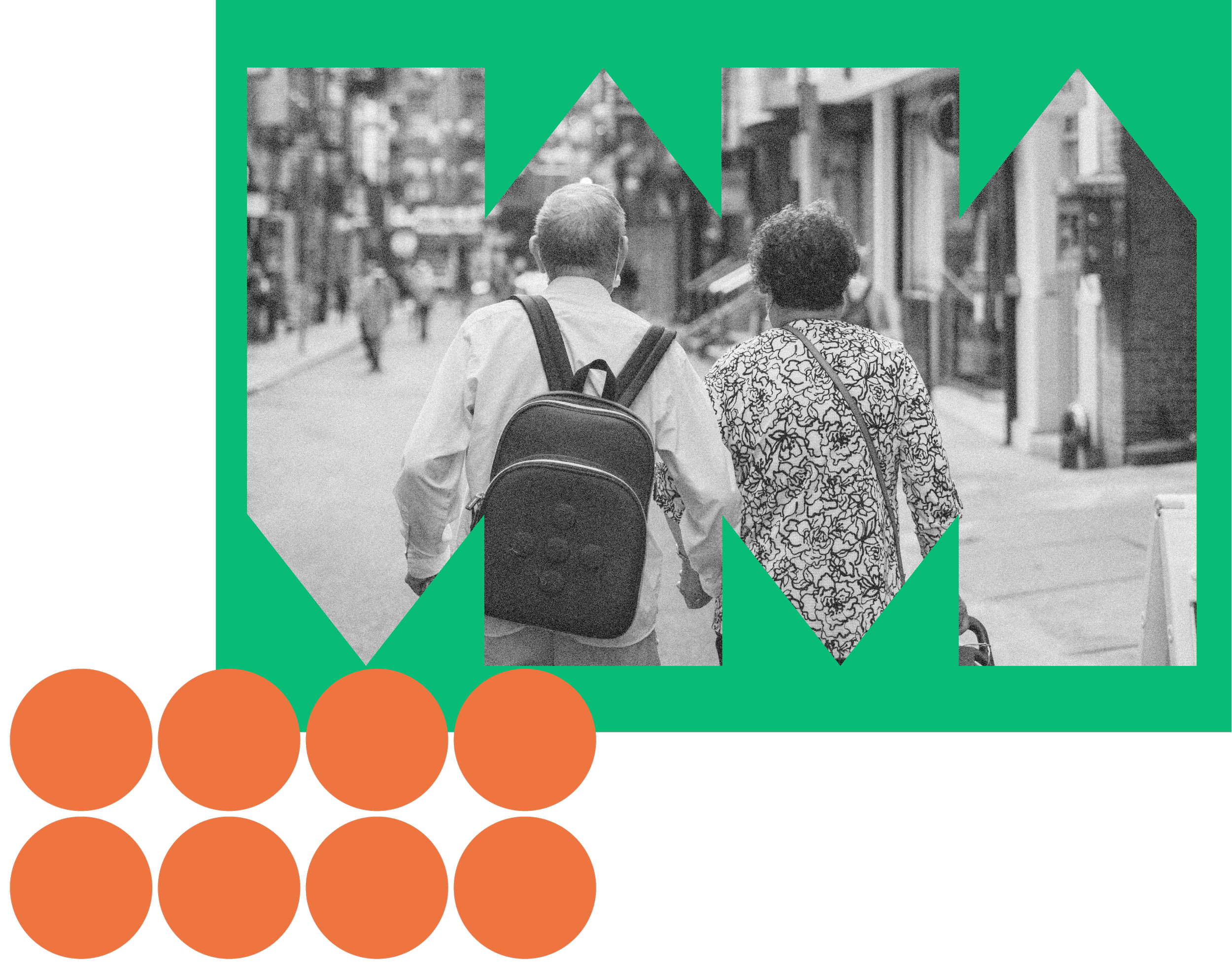 A black-and-white photo of two older adults walking together down a city street, framed by bold green geometric shapes, with a grid of orange circles in the foreground.