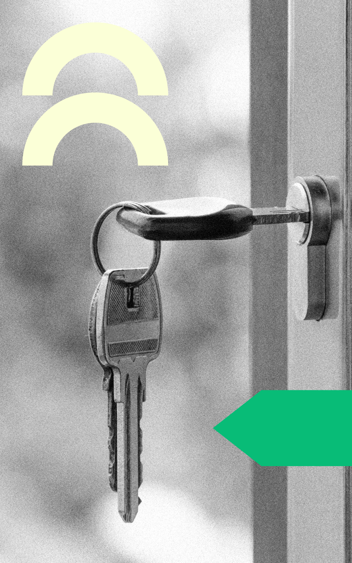 A close-up black-and-white photo of a key ring inserted into a door lock, overlaid with cream, green, and black decorative geometric graphics..