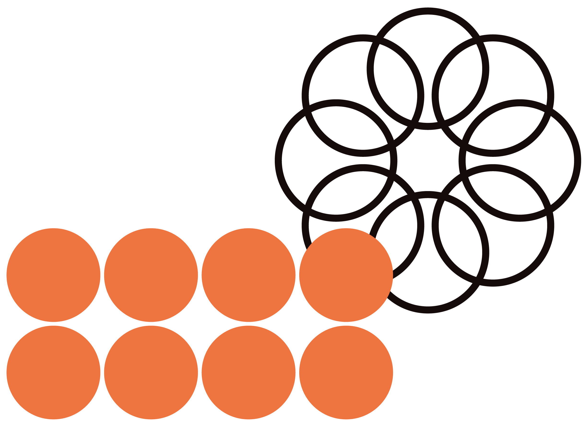 A geometric pattern of black spiral graphic made up of 8 concentric circles alongside 2 rows of 4 orange circles