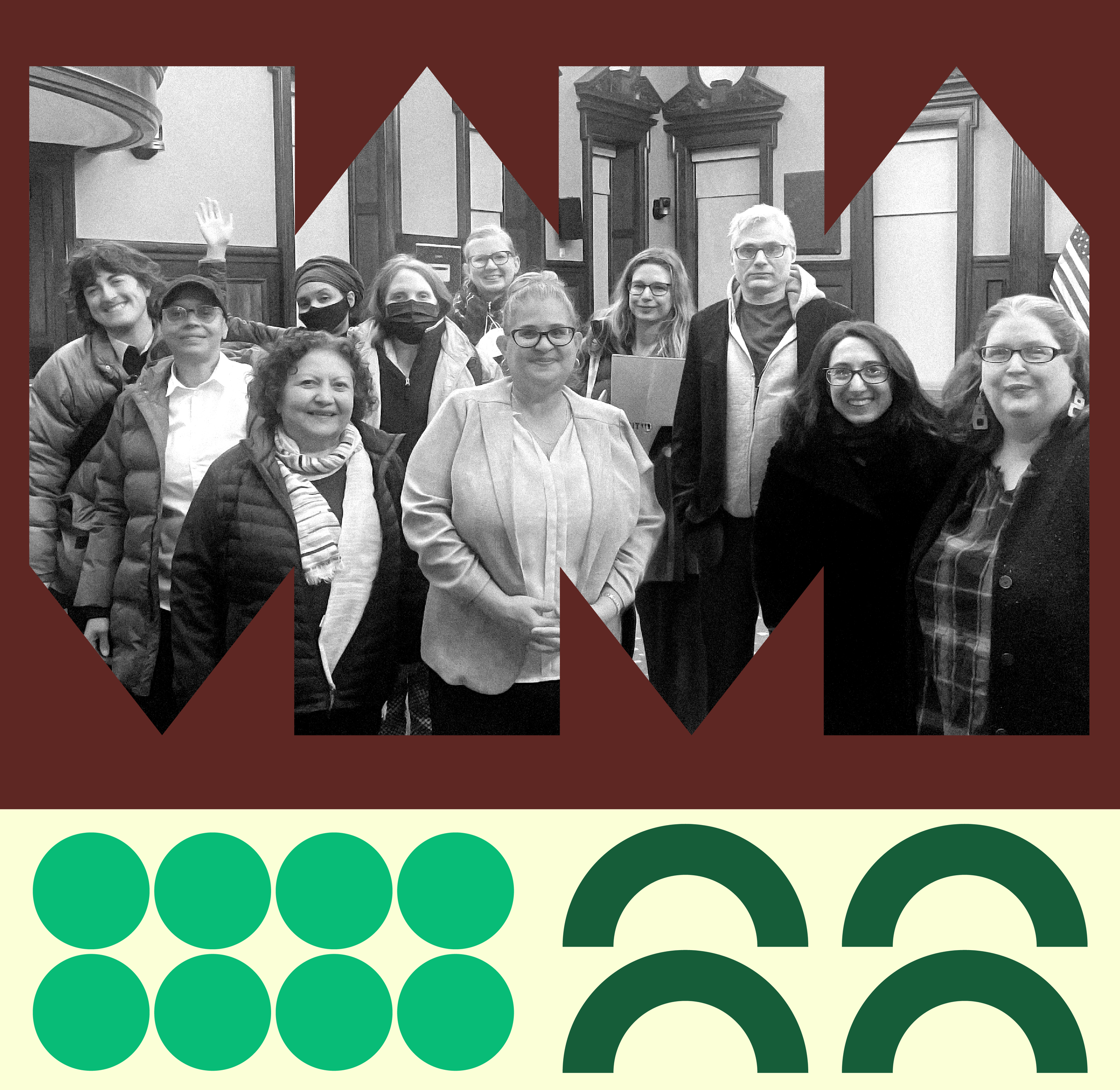 A black-and-white photo of a diverse group of people posing in a courthouse, framed by bold brick red shapes, with a row of decorative bright green circles and dark green arches below.