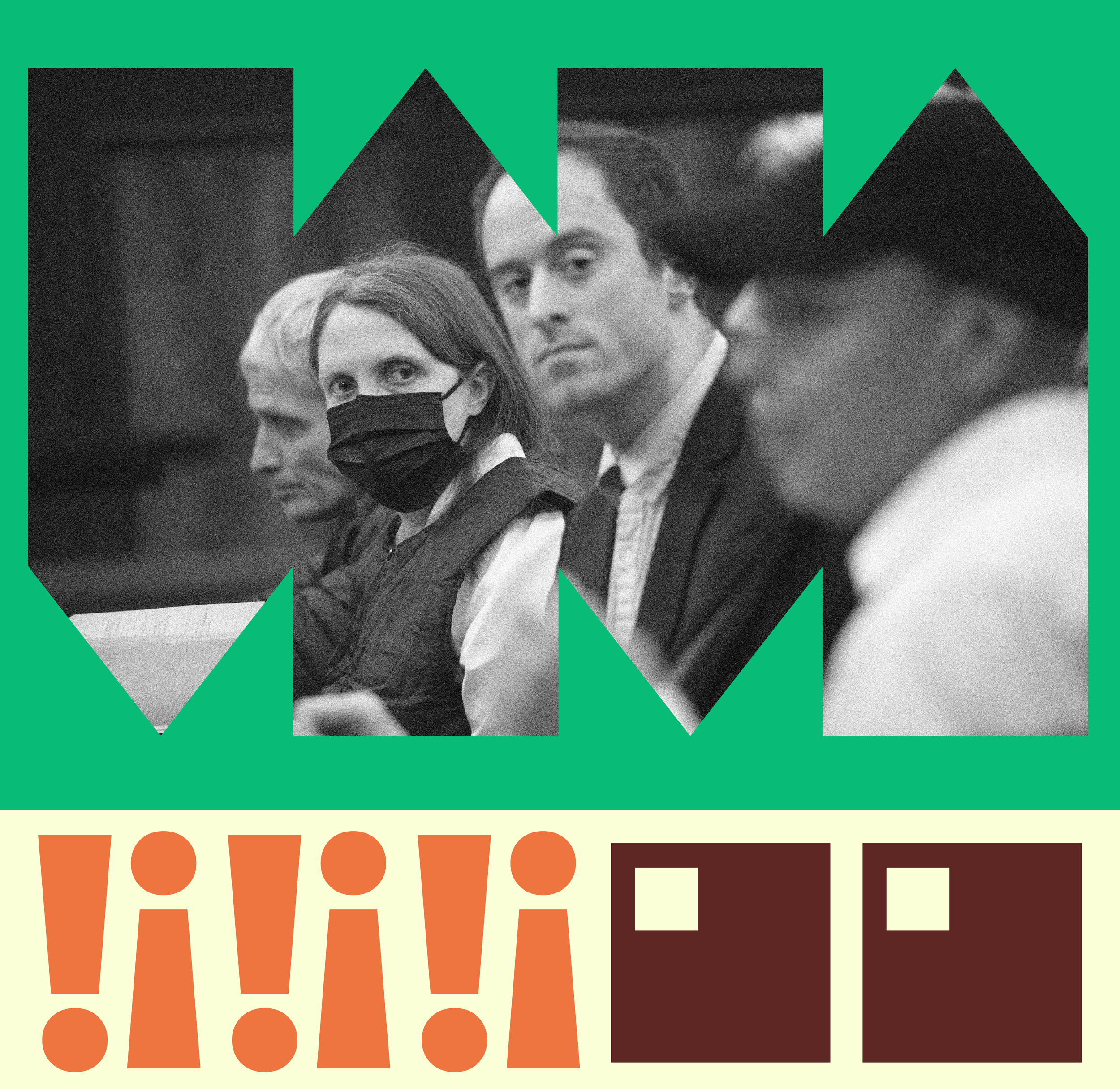 A black-and-white photo of a group of people seated at a hearing watching on as one member speaks, framed by bold green geometric shapes, with a row of orange exclamation points and dark red door icons on a cream background below.