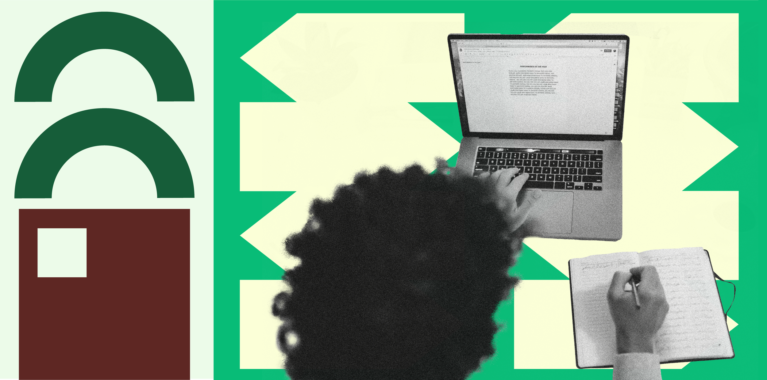 A person pictured from the back, sits at a laptop and takes notes in a notebook, set against a bold green and cream decorative, geometric background.