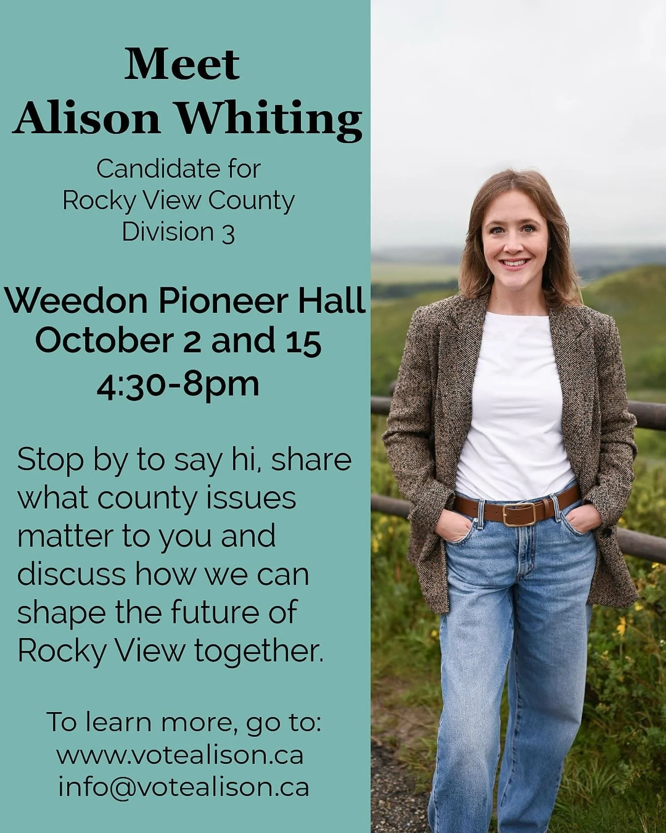 Friendly reminder I have a meet and greet tomorrow evening at Weedon Hall. Come out, say hi, and share what issues are top of mind for you in the county right now.

#votealison #itstimeforchange