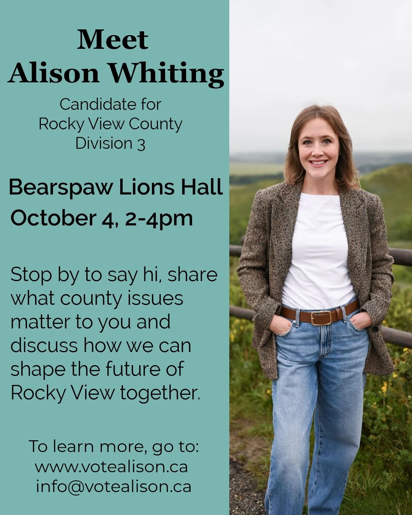 Bearspaw is up next! I&rsquo;ll be at the Bearspaw Lions Hall on Saturday Oct 4 from 2-4pm for a Meet &amp; Greet. Stop by and say hi! 

#votealison #timeforchange